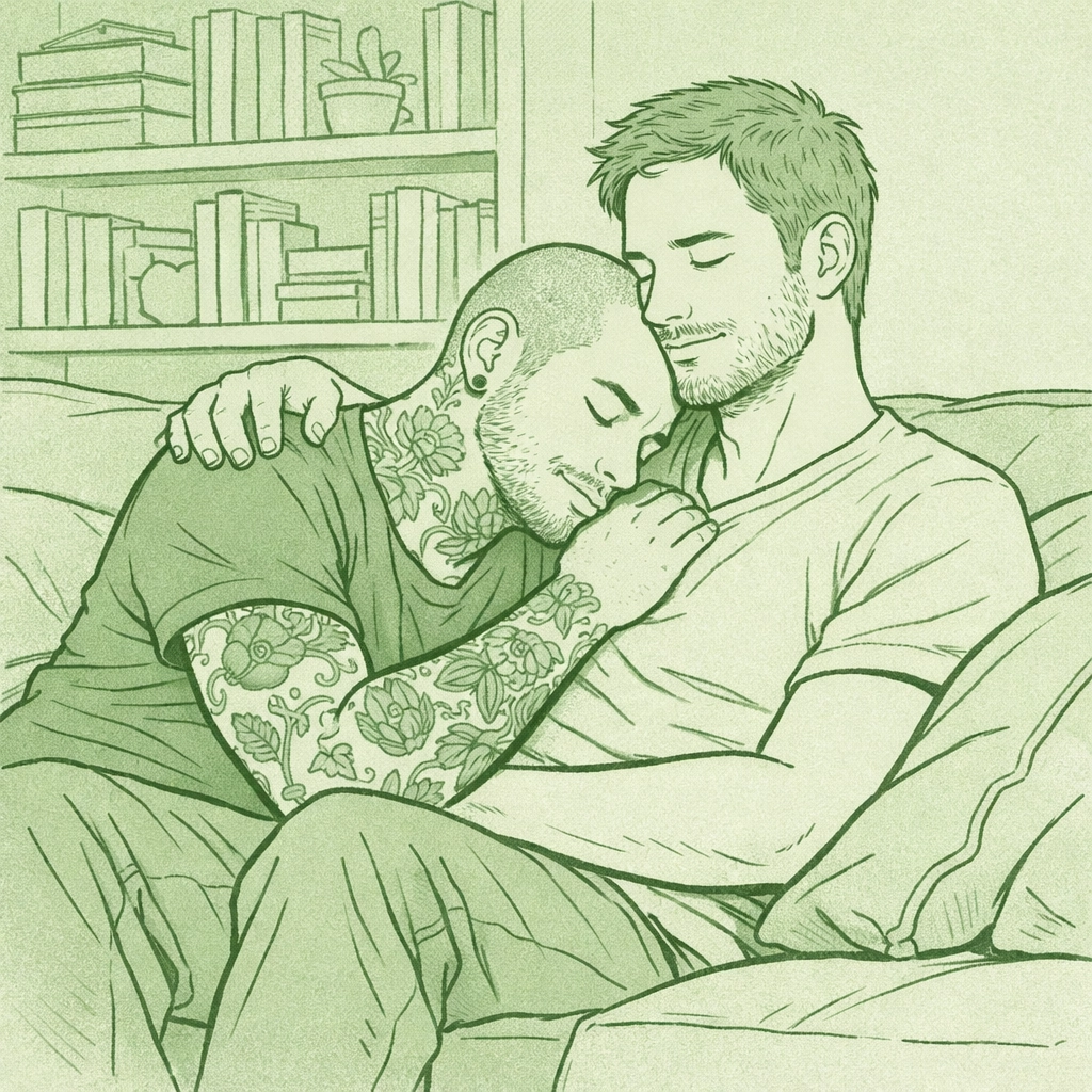 Gay couple embracing on couch, tattooed man showing emotional vulnerability in MM romance