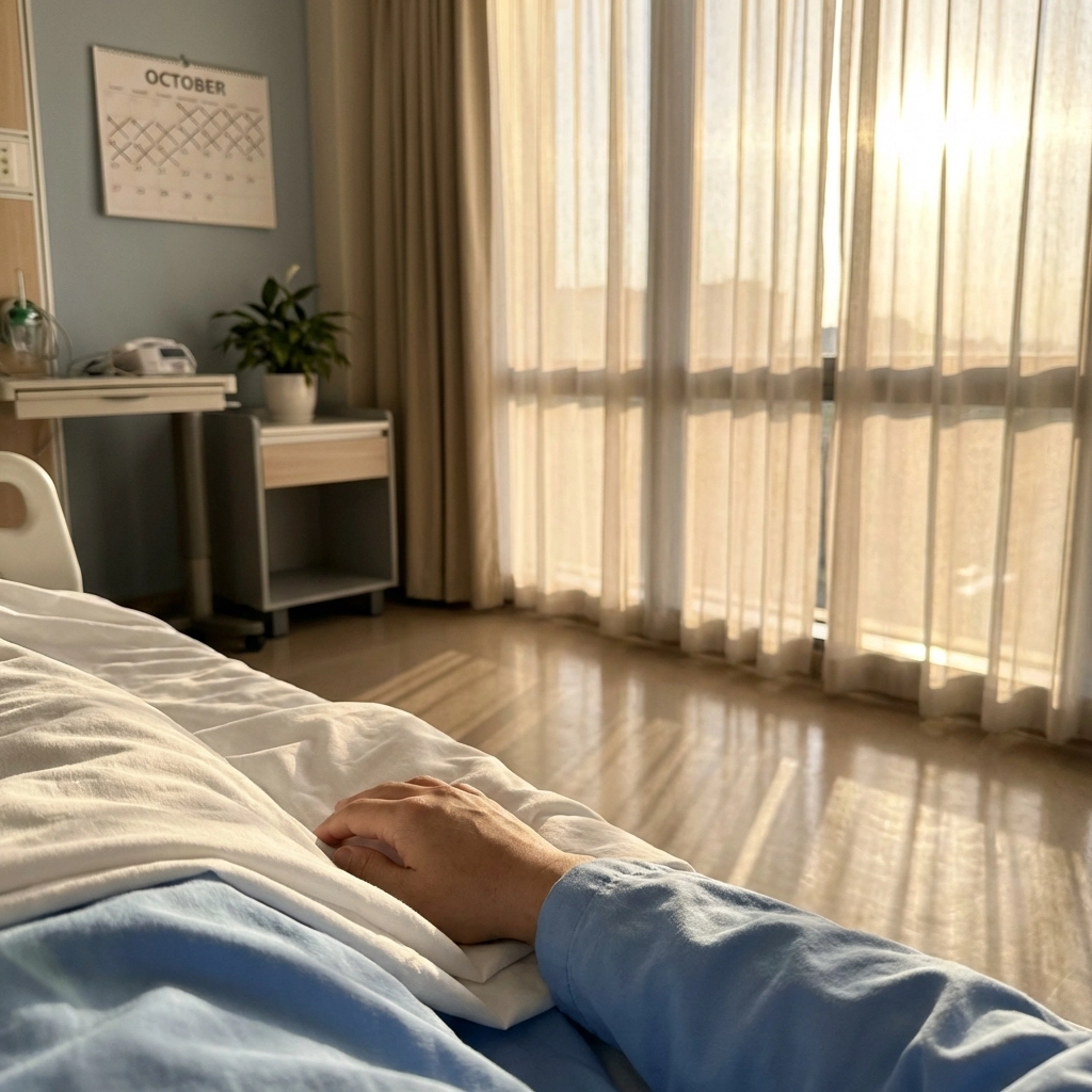 Hospital recovery room with patient’s hand resting on bed, illustrating shorter hospital stays after rehabilitation massage Los Angeles