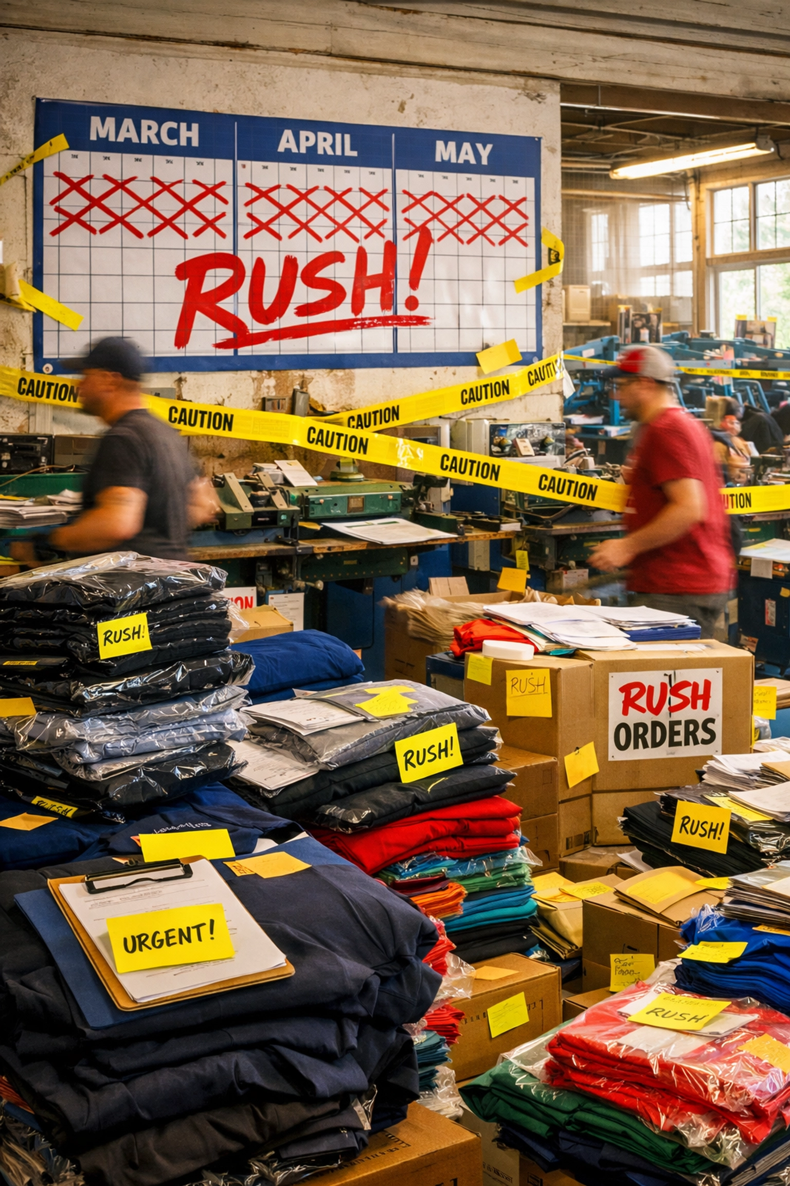 Busy screen printing shop during spring rush season for summer camp t-shirt orders