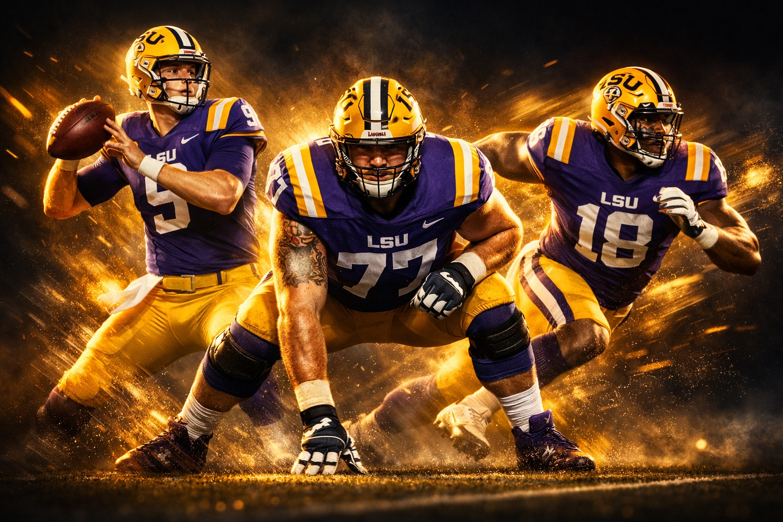 LSU transfer portal stars in purple and gold uniforms showcasing offensive and defensive talent