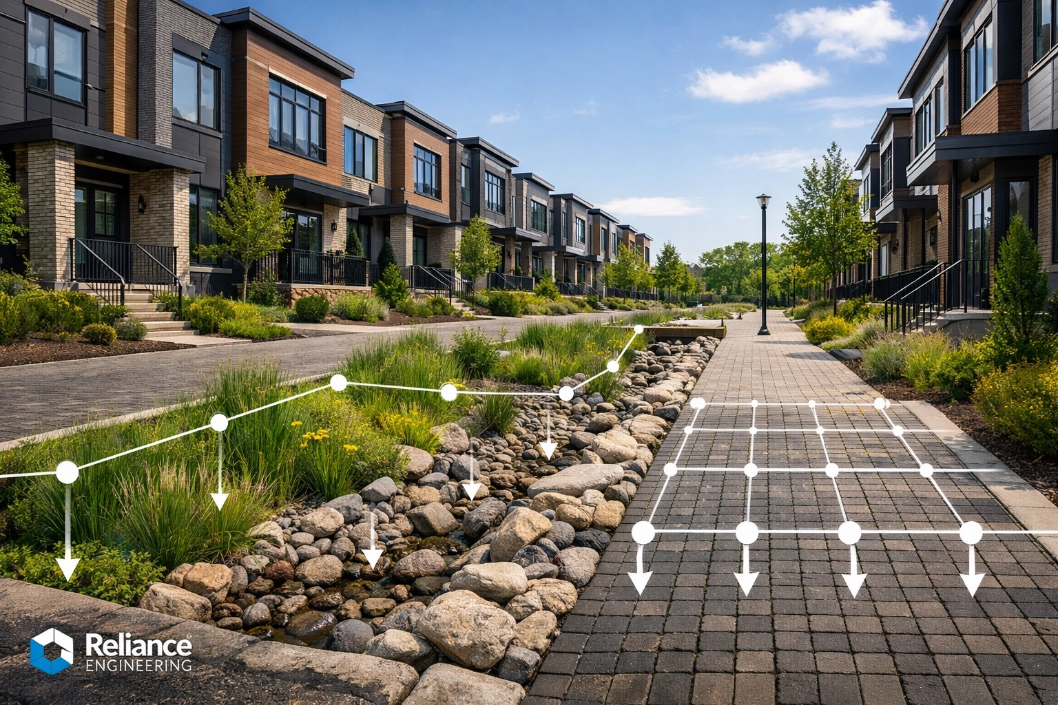 Modern Ontario residential development featuring a functional stone-lined bioswale for stormwater management.