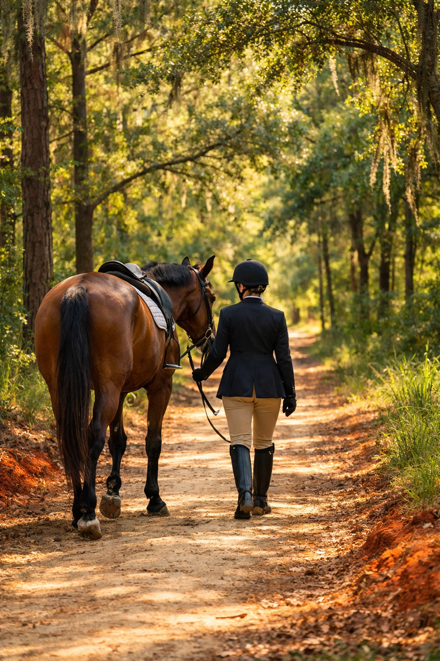 Equestrian rider with horse on trail at Waxhaw NC horse farm property