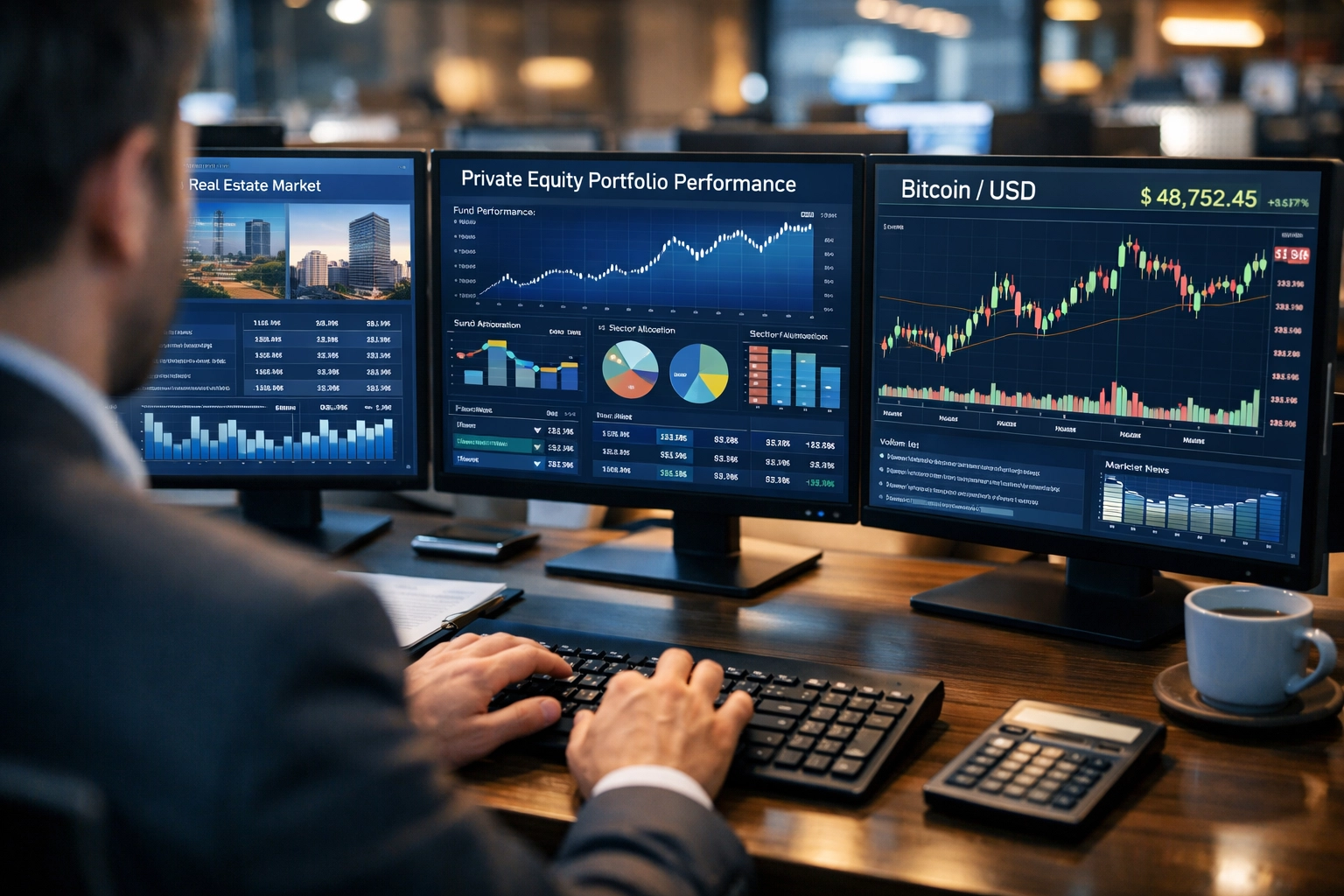 Institutional investor monitoring private equity, real estate, and Bitcoin portfolio performance