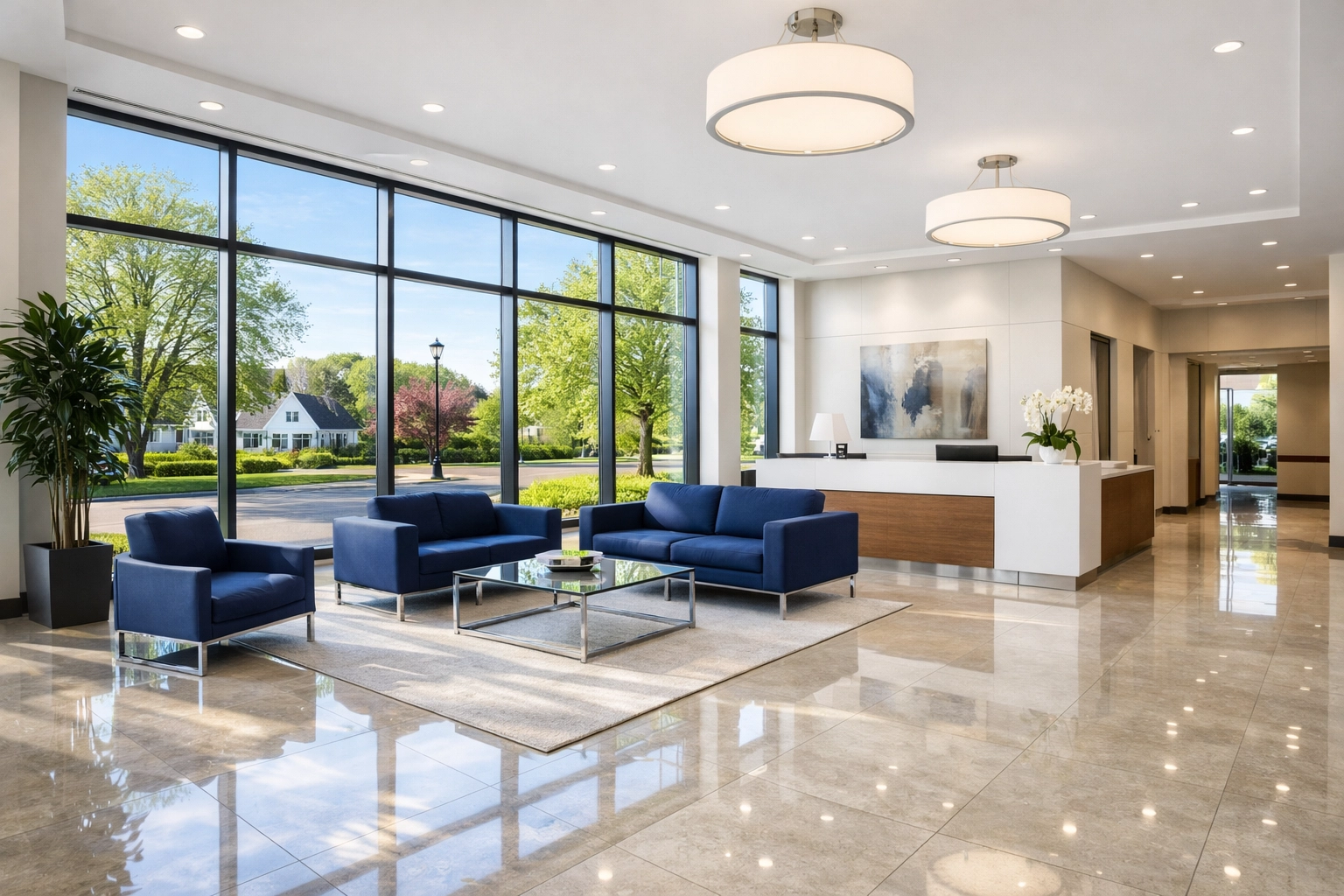 Impeccably clean high-end office lobby in Southborough featuring polished stone floors.