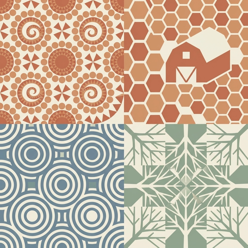 Illustrated map of farm zones showing sunflower spirals, honeycombs, water ripples, and branching trees representing hidden patterns