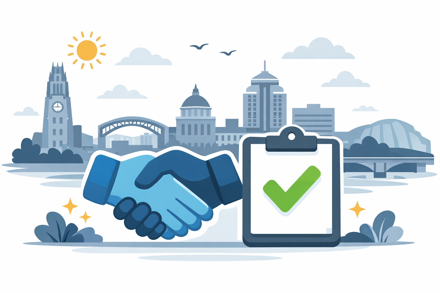 New Haven skyline with handshake and checklist icons representing local tax preparation New Haven services.