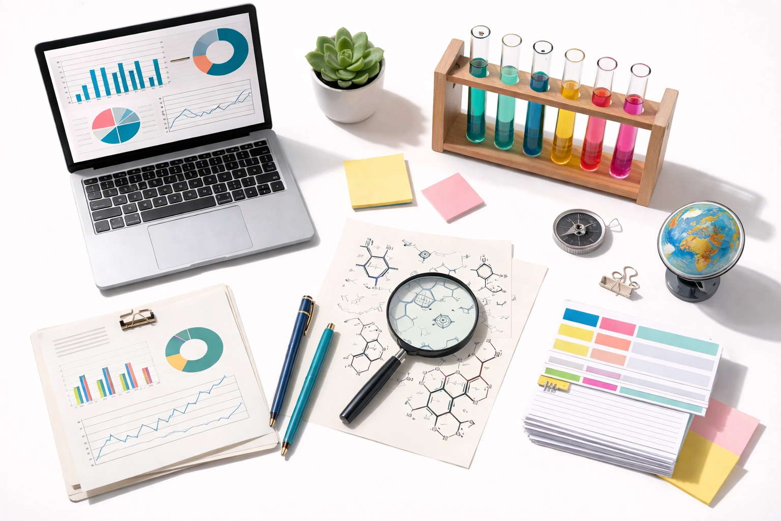 Chemistry study materials alongside laptop and financial charts representing versatile career opportunities