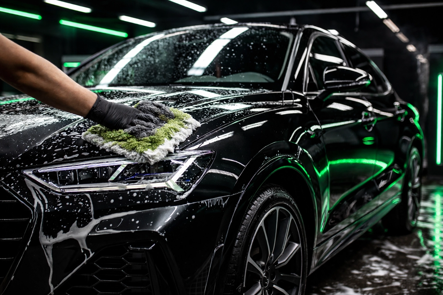 Luxury SUV being gently hand-washed in a professional studio, showcasing best practices for ceramic-coated paint protection.