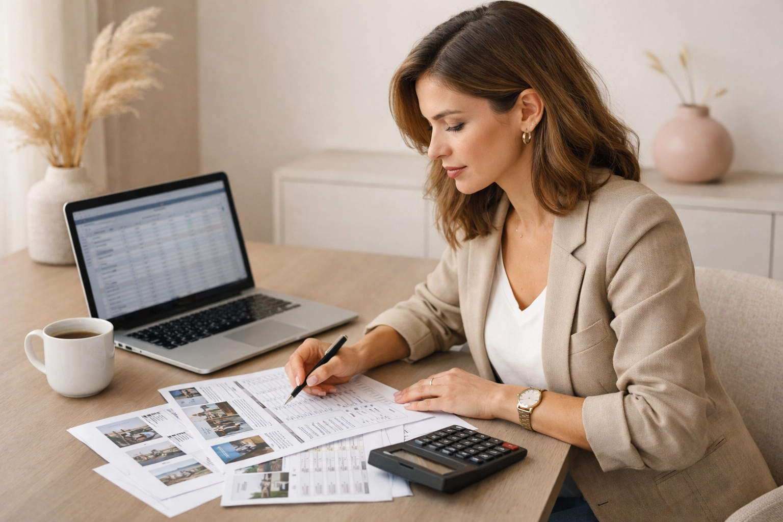 Stylish professional woman at a modern desk analyzing a real estate deal with printed comps and a laptop