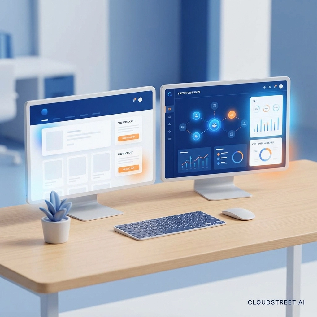 Side-by-side comparison of BigCommerce and Salesforce Commerce Cloud B2B digital storefronts for enterprises.