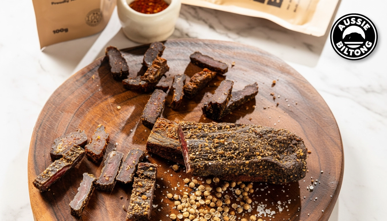 High protein snacks myth busting cover, Aussie Biltong logo top right, premium Australian beef biltong, healthy meat snacks