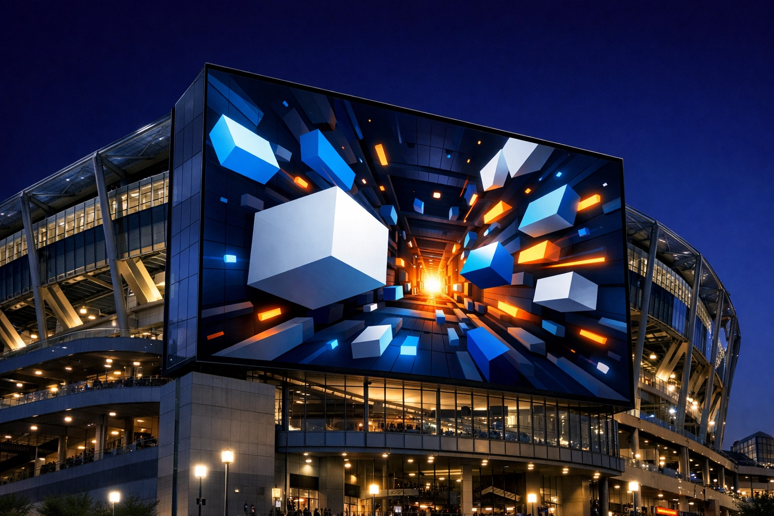 Large scale 3D signage on a sports stadium illustrating immersive branding and advertising technology.