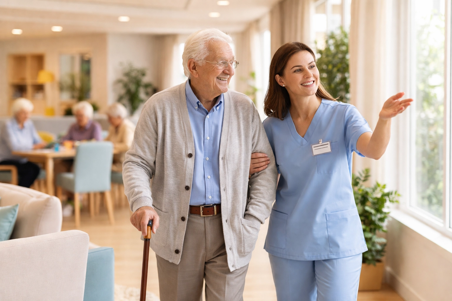 Elderly man touring assisted living Sarasota community with staff, exploring senior living options together