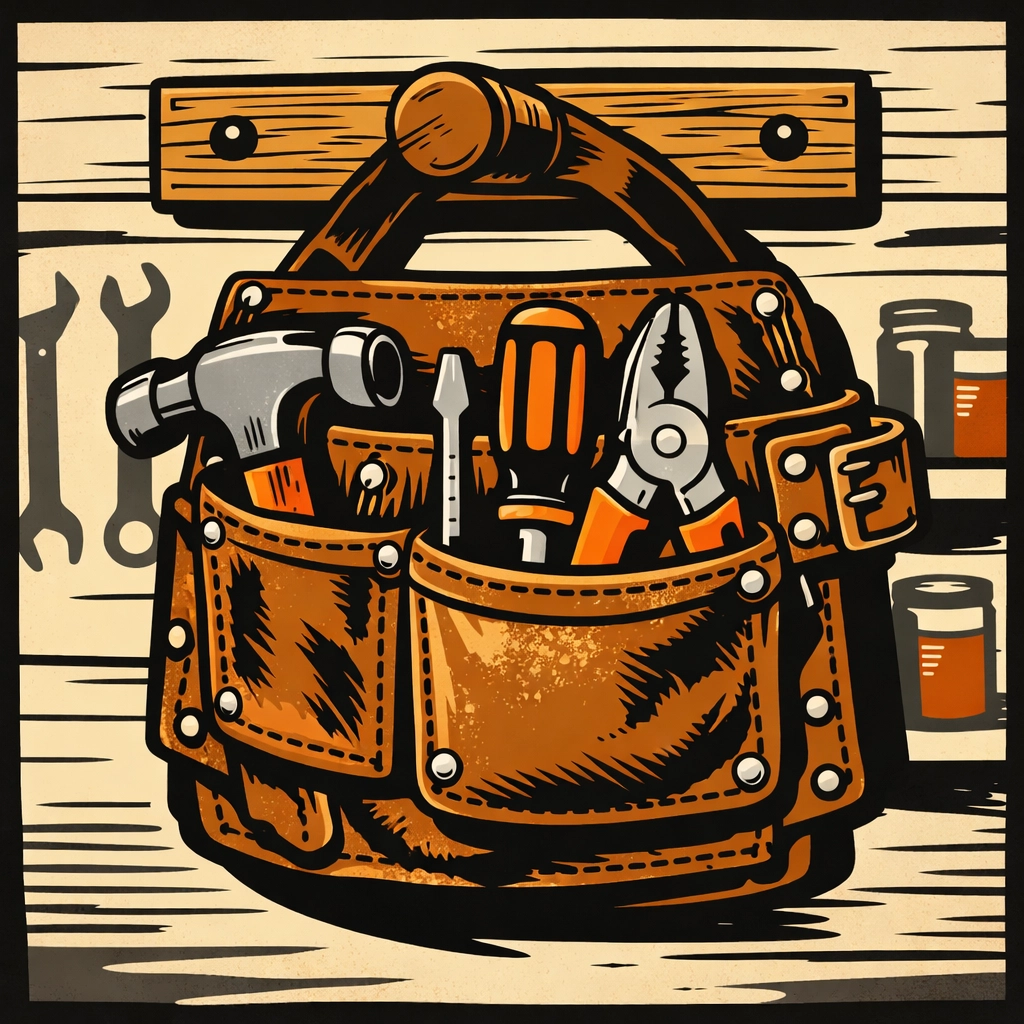 A professional handyman's tool belt ready for winter home maintenance and storm damage repairs.