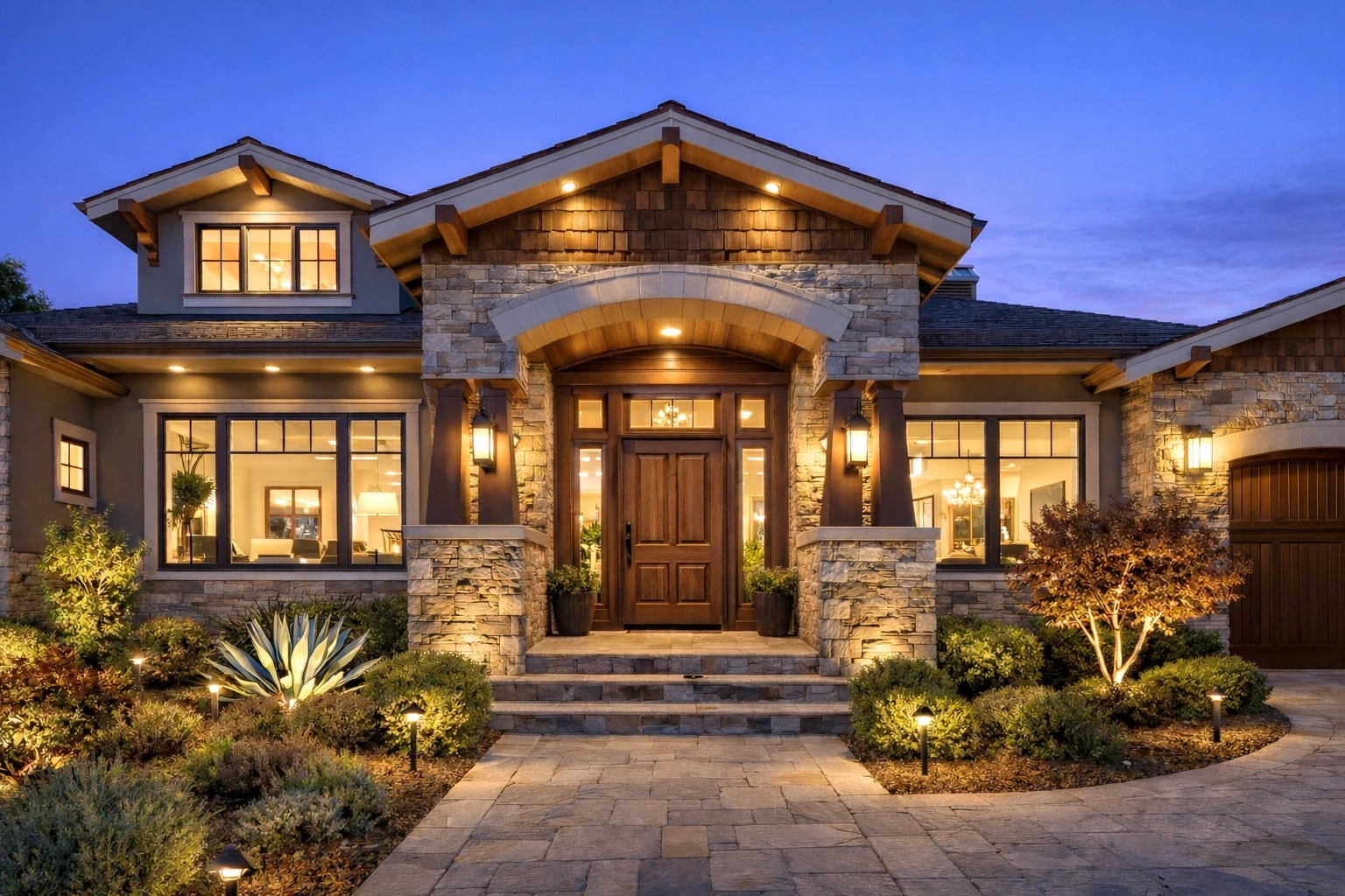 Bright twilight entry shot with warm interior glow and subtle sidewalk/landscape lighting