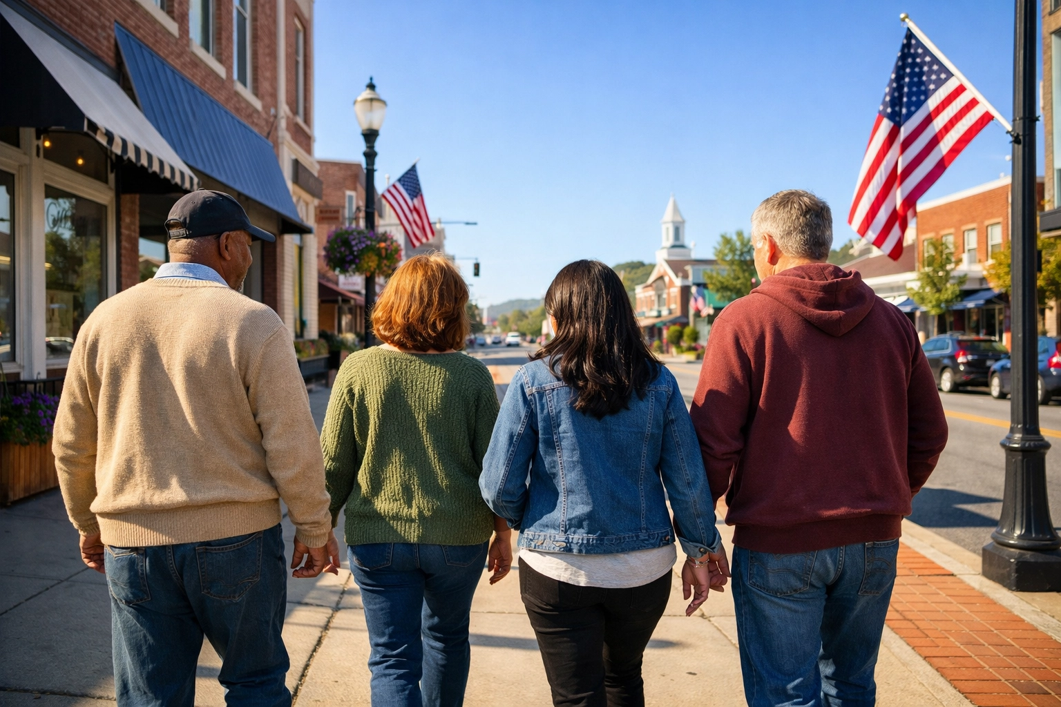 A diverse group of community members walking together in a local town, representing American unity and leadership.