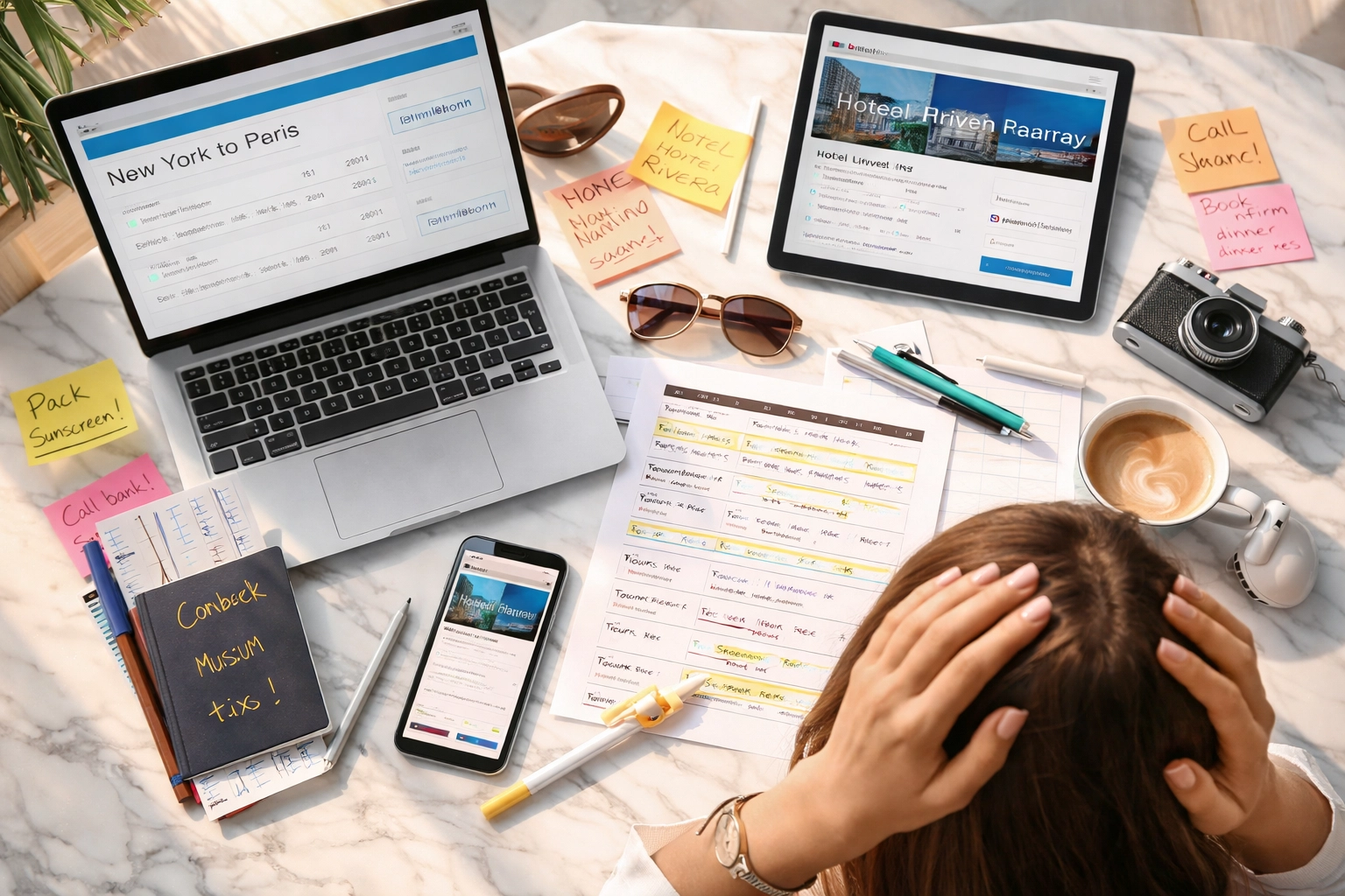 Chaotic travel planning scene highlighting the stress and mental load behind luxury vacation logistics.