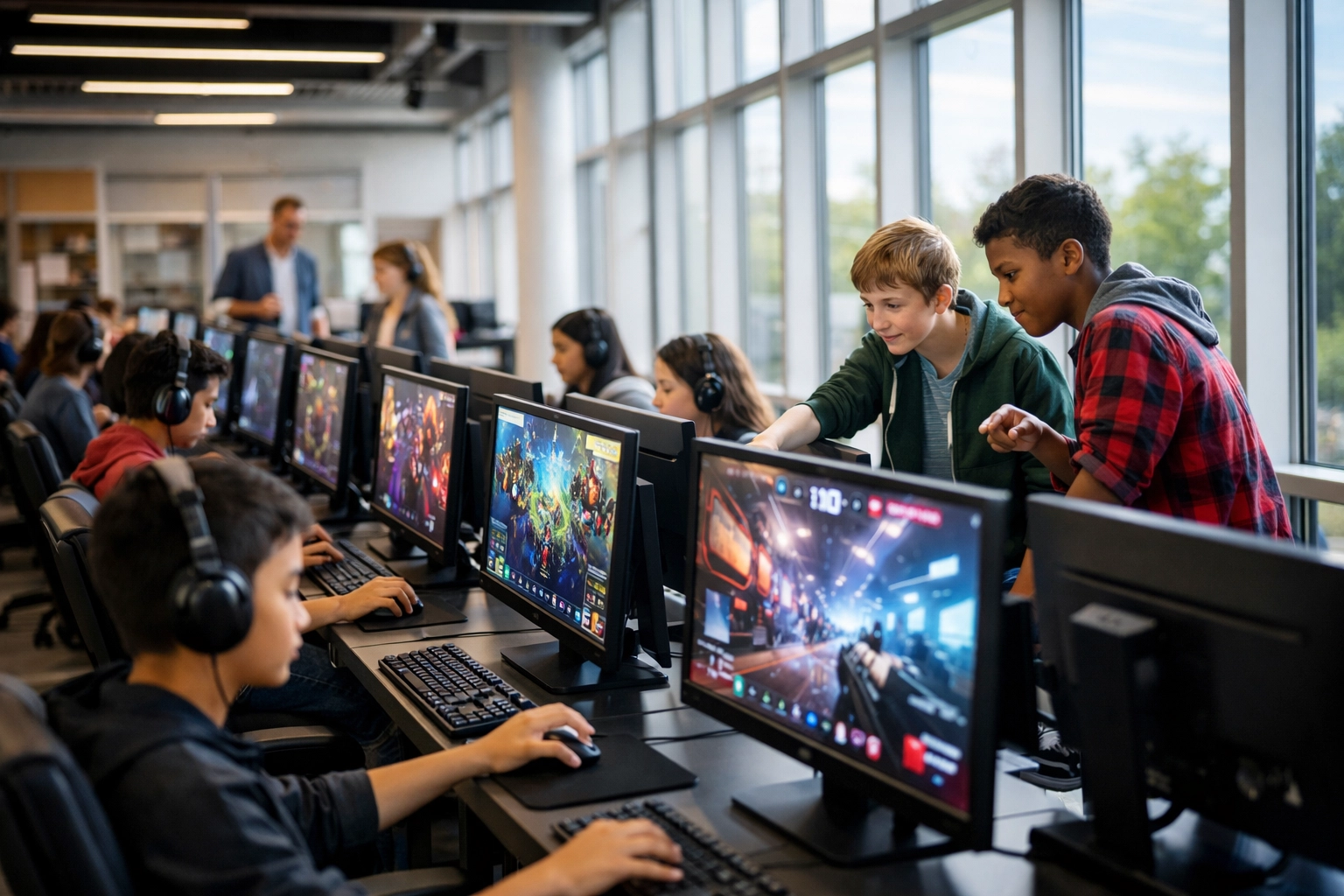 Students learning cloud computing skills at community center with gaming workstations