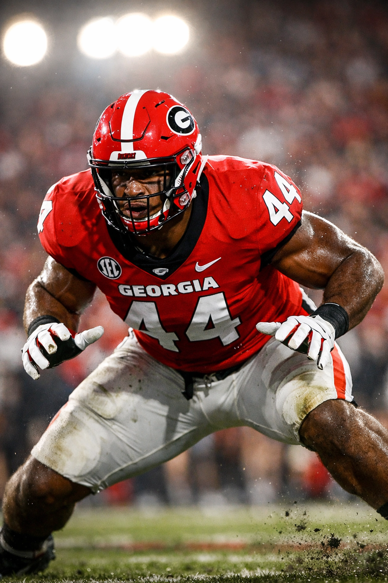 Georgia defensive player in pass-rushing stance demonstrating edge rusher technique at line of scrimmage