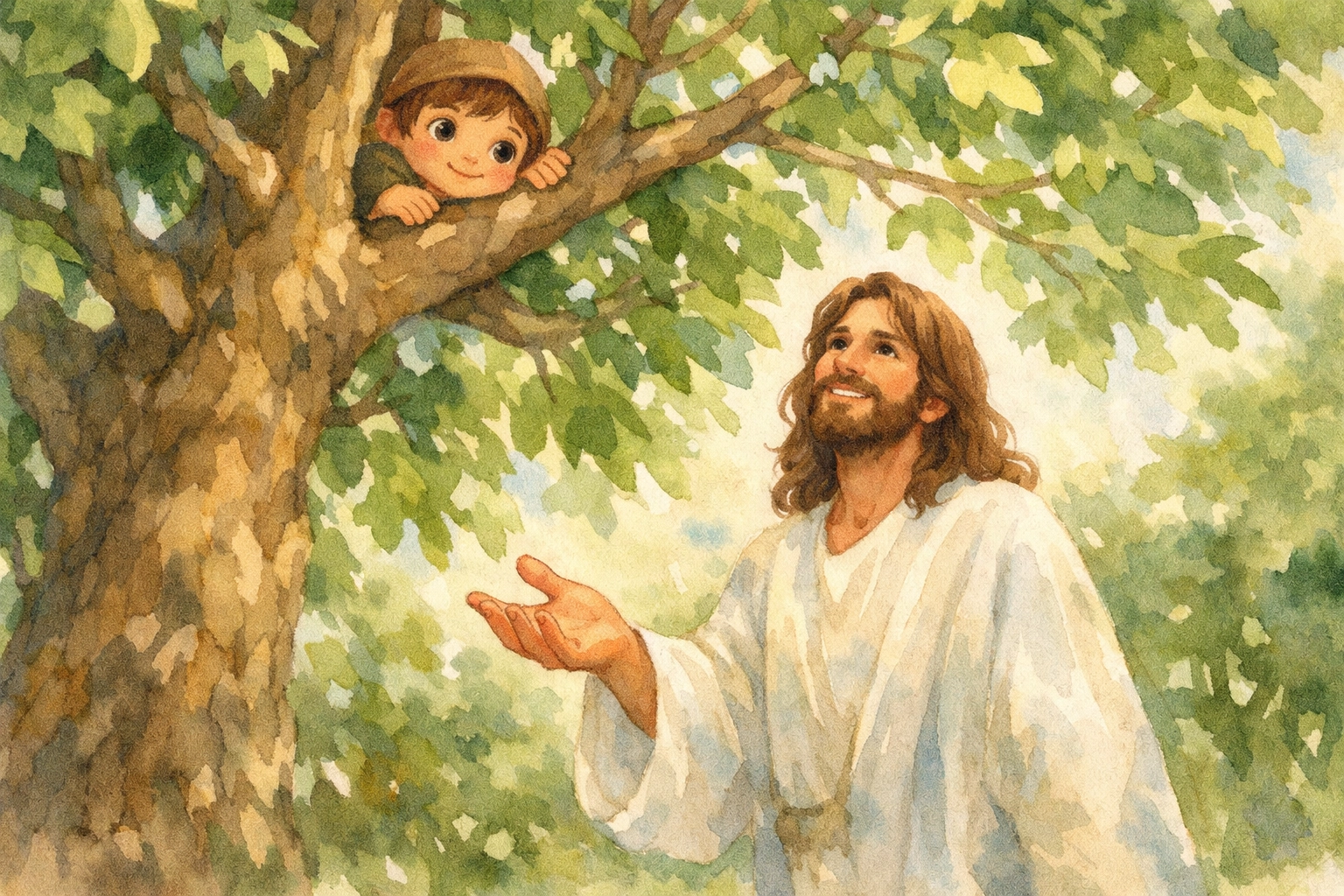 Jésus accueille Zachée descendu de l'arbre, illustrant ainsi la grâce de Dieu à la First Assembly Church de Memphis.