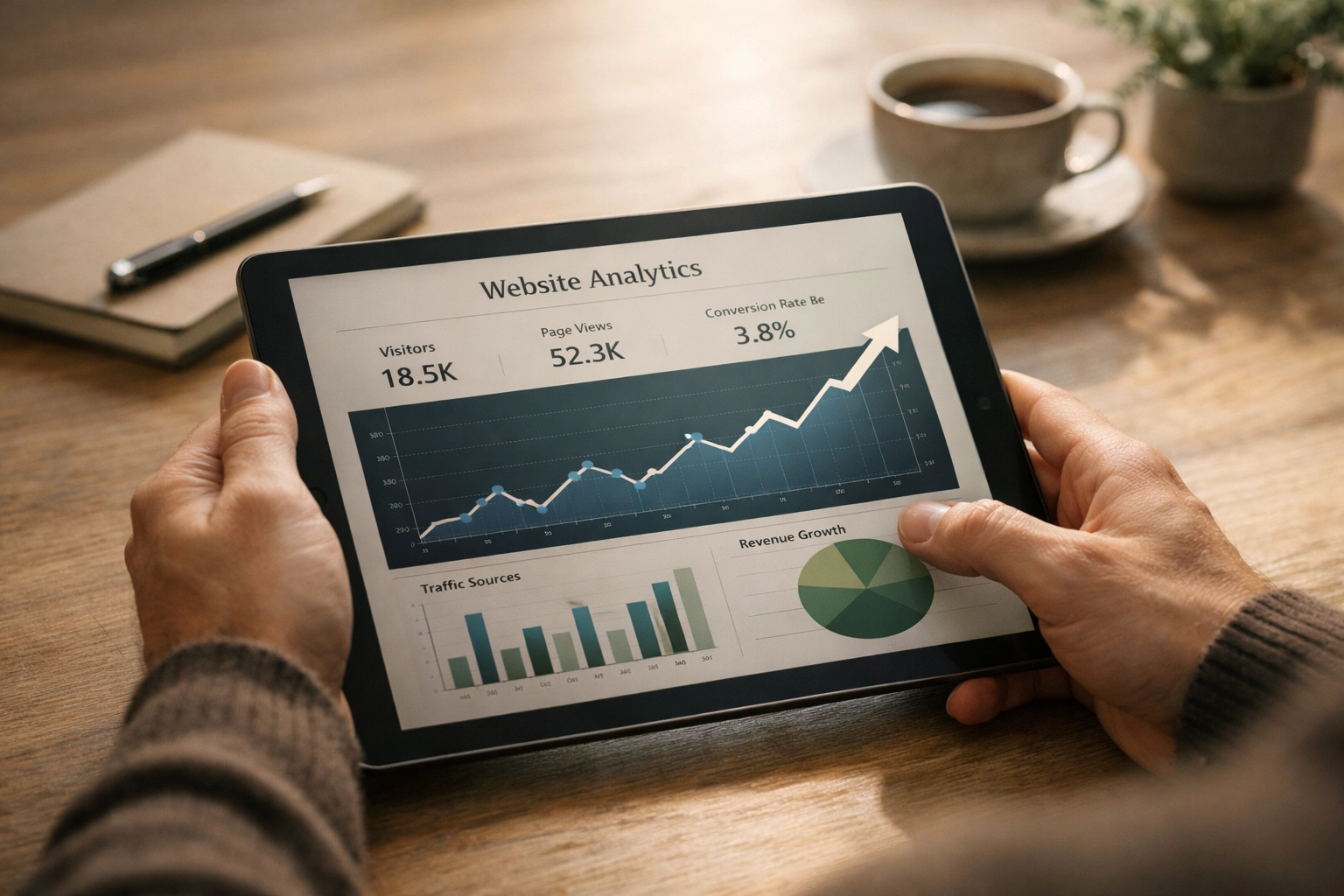 Tablet displaying website analytics and growth metrics for orthodontic practice SEO tracking