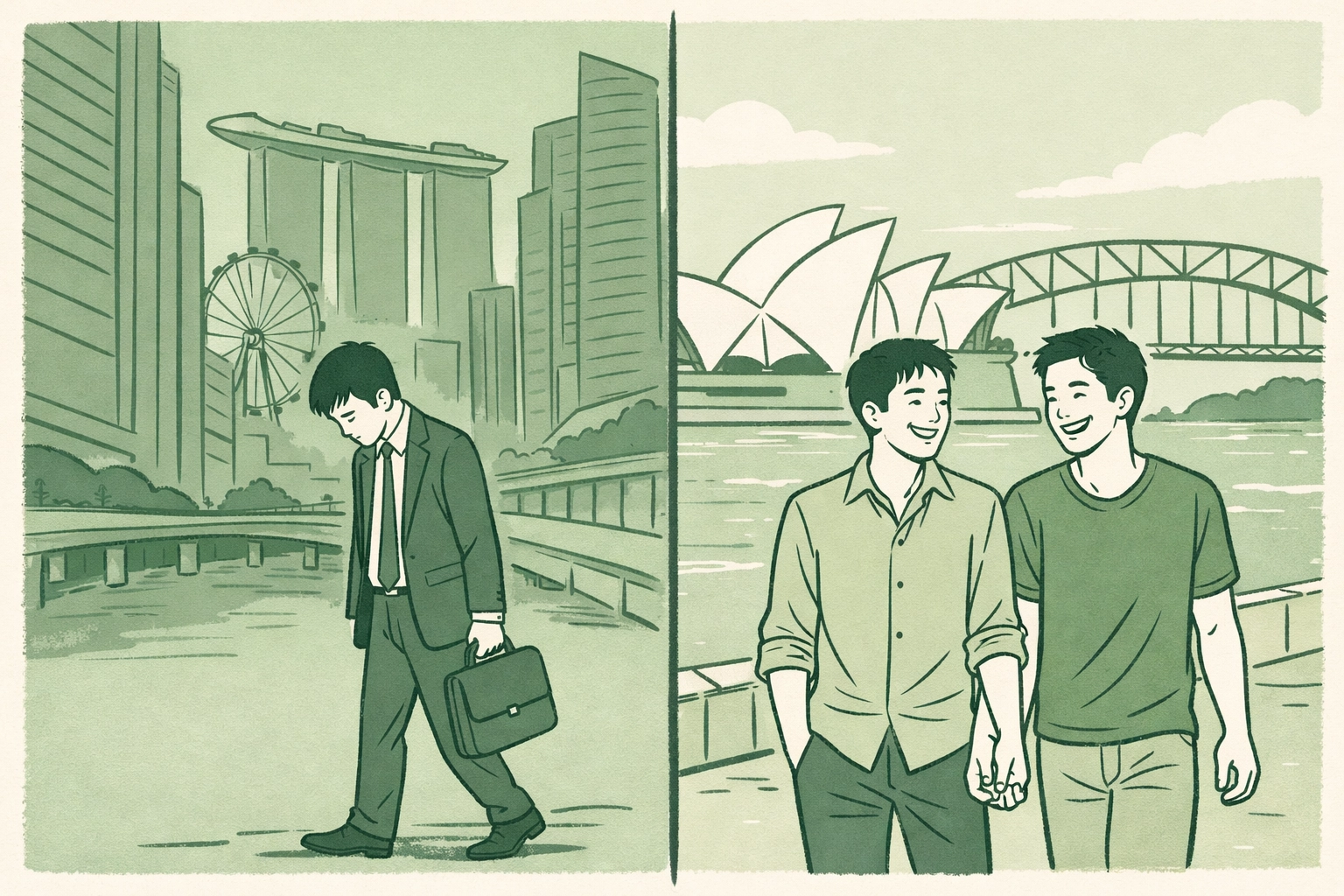 Gay man alone in Singapore versus walking with partner in Sydney showing LGBTQ+ migration contrast