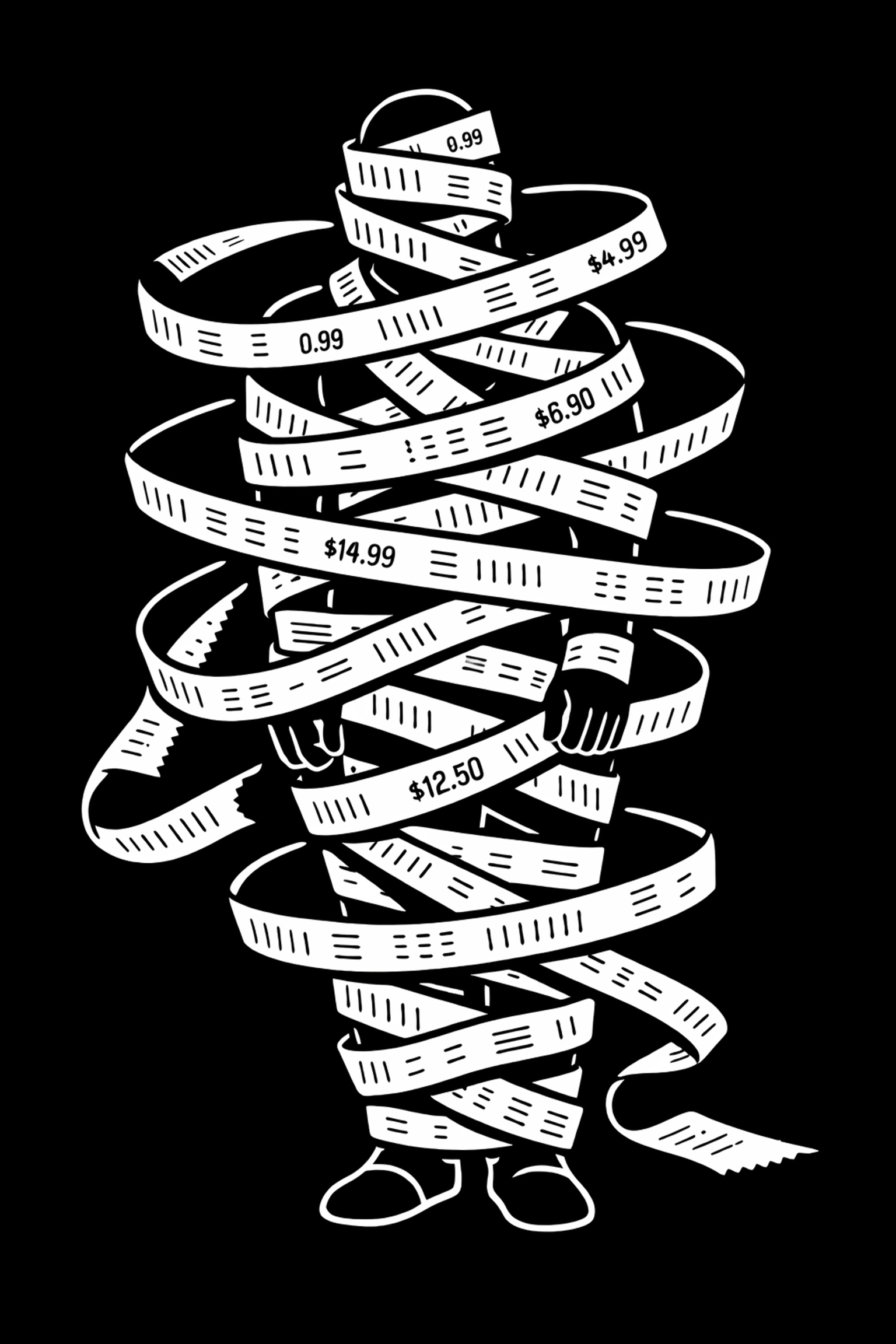 Person wrapped in a long spiraling supermarket receipt like a paper mummy.