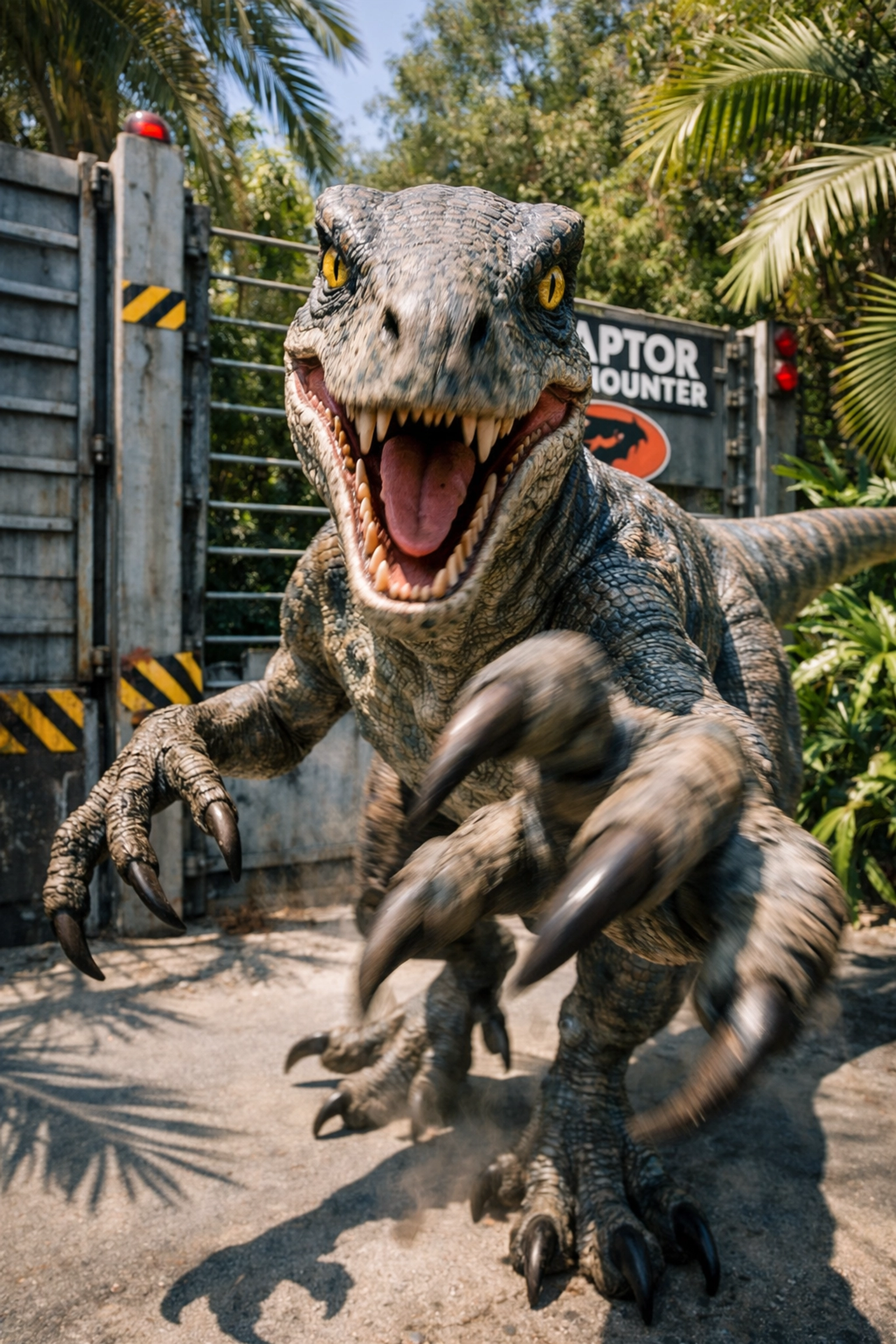 Dynamic action photo of a Velociraptor at Jurassic World, showcasing motion blur at this iconic photo spot.