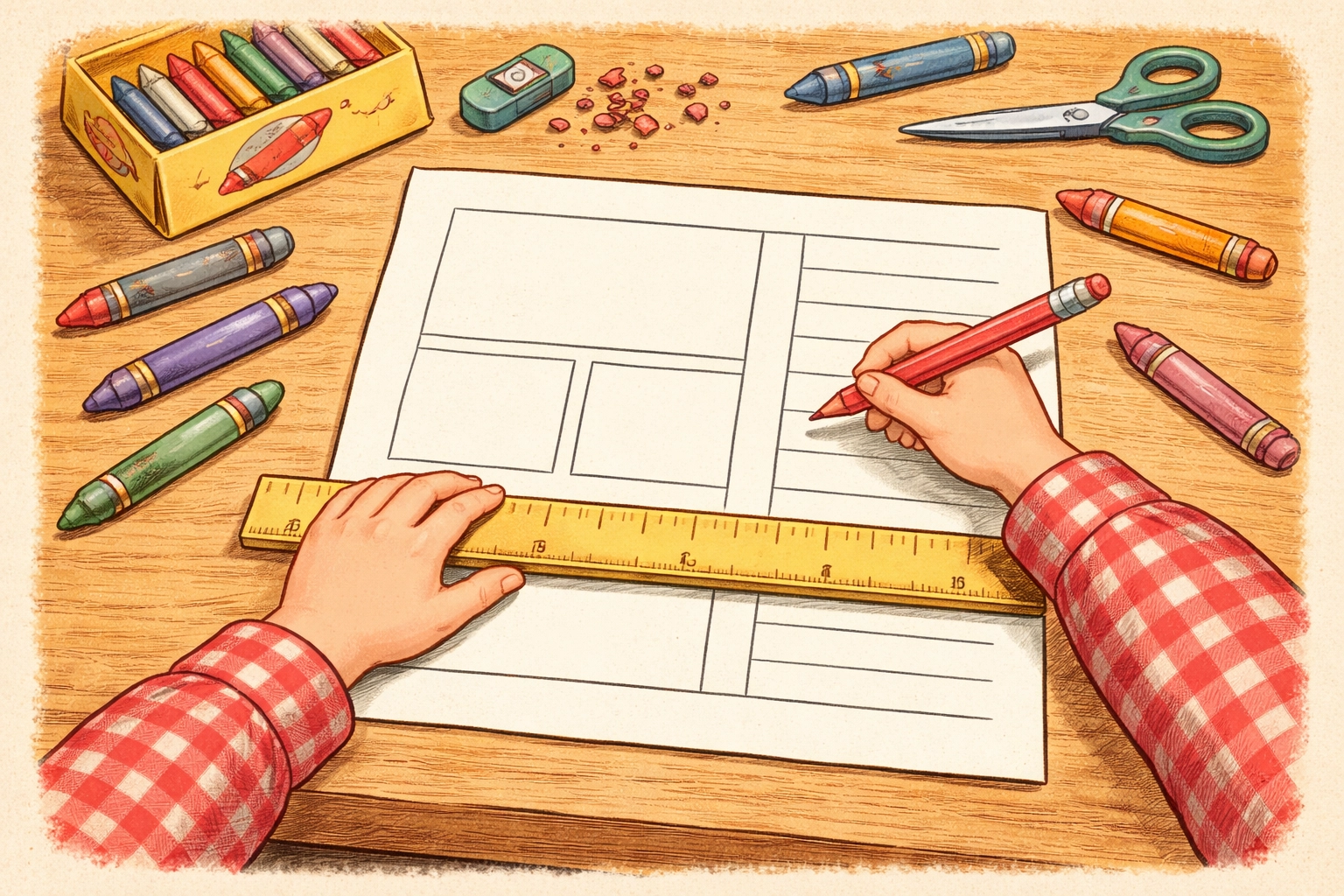Top view of a child using a ruler and crayons to divide paper into a planning sheet, highlighting creative planning for kids.