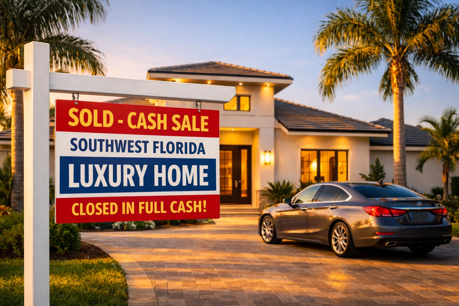Luxury SWFL home with sold cash sale sign in Cape Coral showcasing fast closing advantages