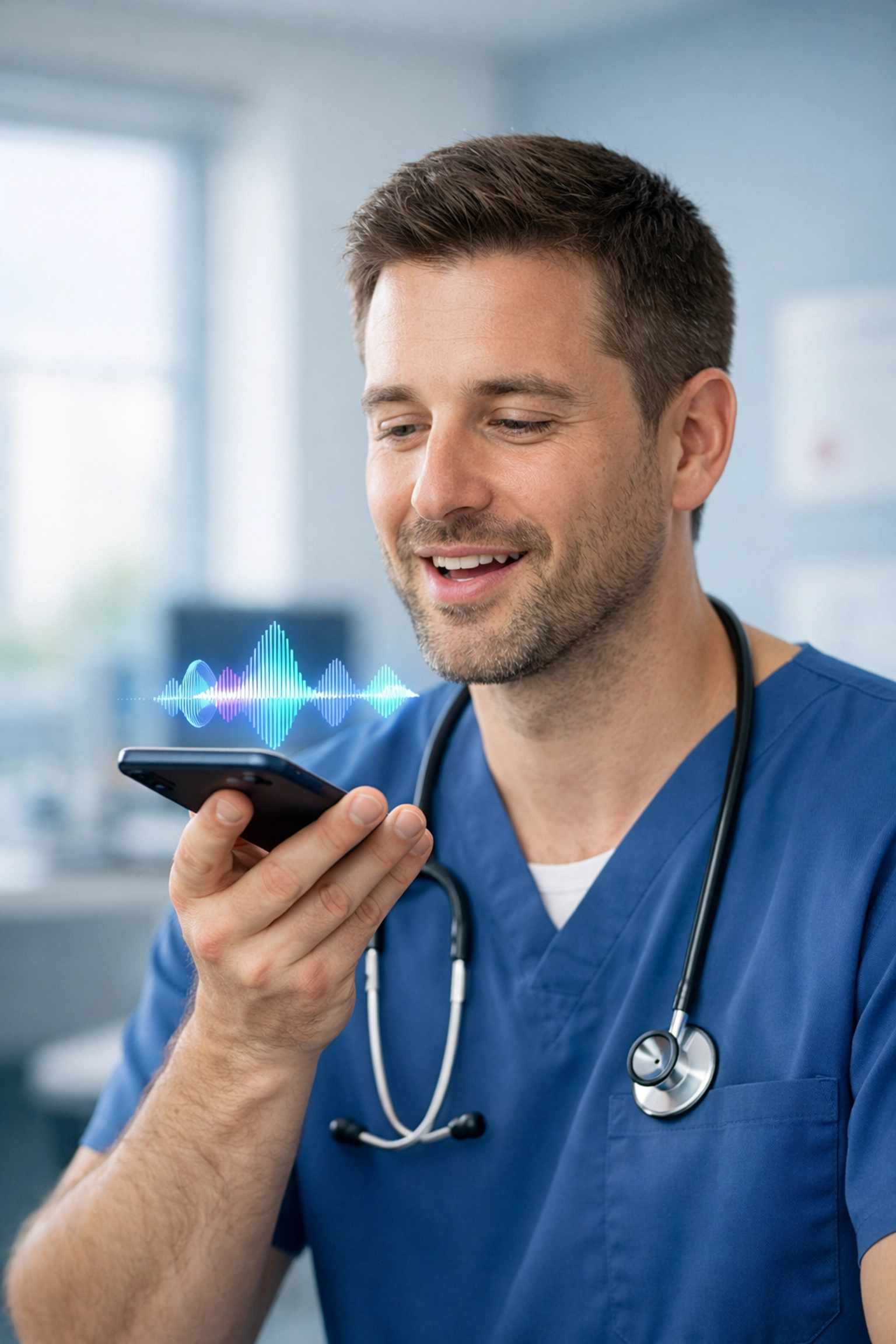 Healthcare clinician using smartphone voice dictation for AI-powered clinical documentation