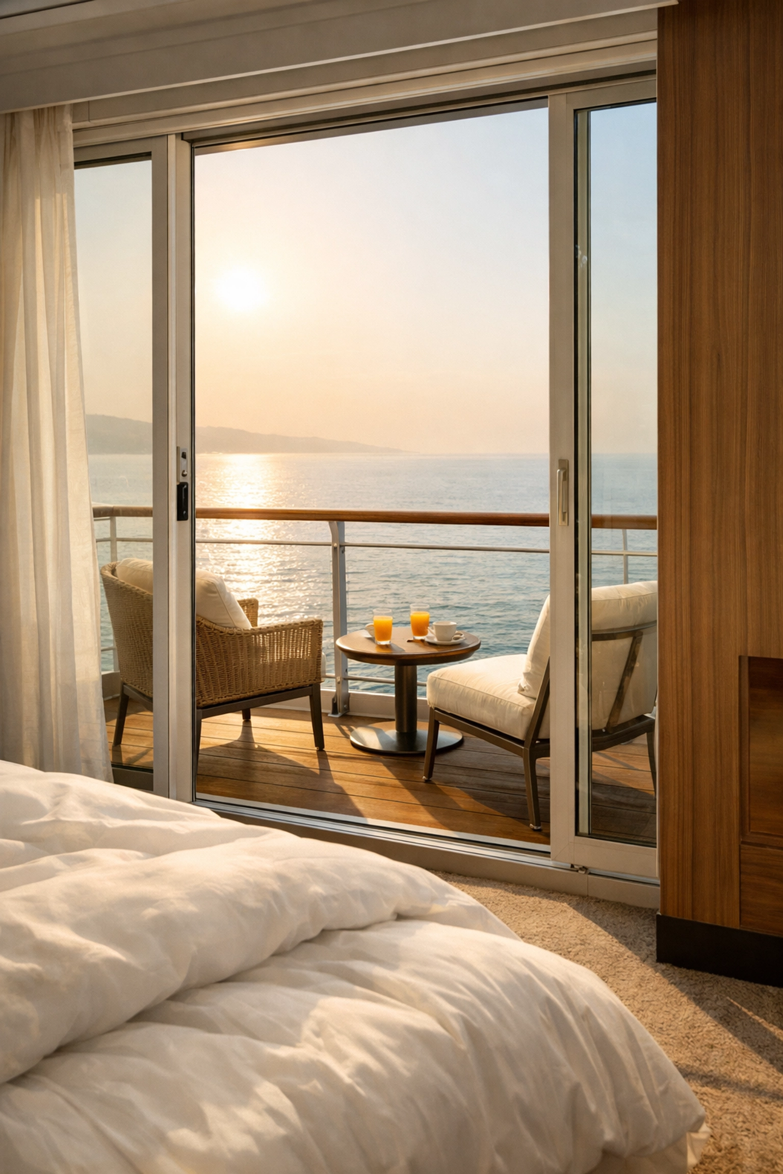 Interior of a luxury cruise balcony cabin with a private deck overlooking the calm sea at sunrise.