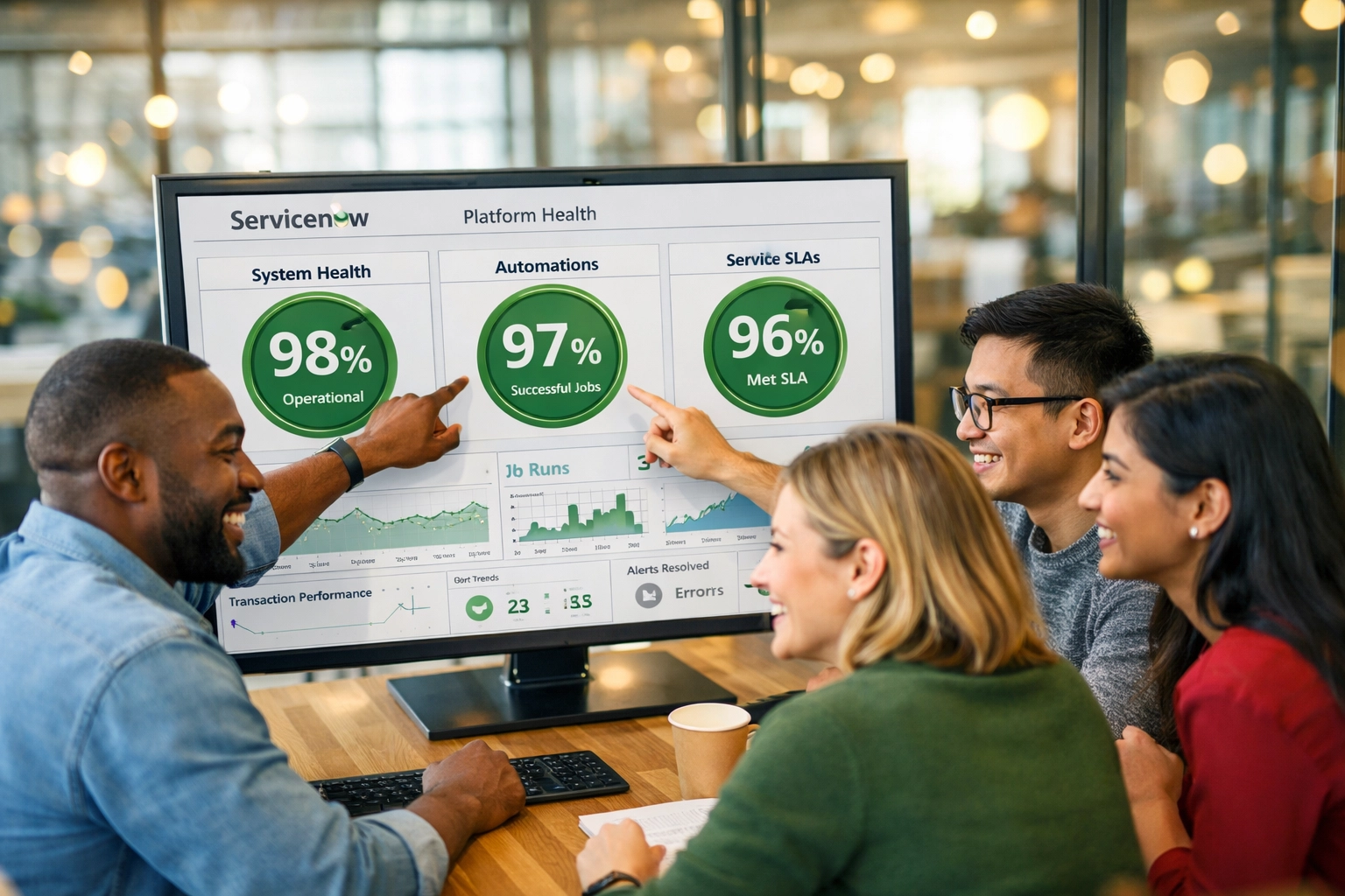 IT team reviewing ServiceNow platform health dashboard achieving 95%+ performance metrics and ROI success