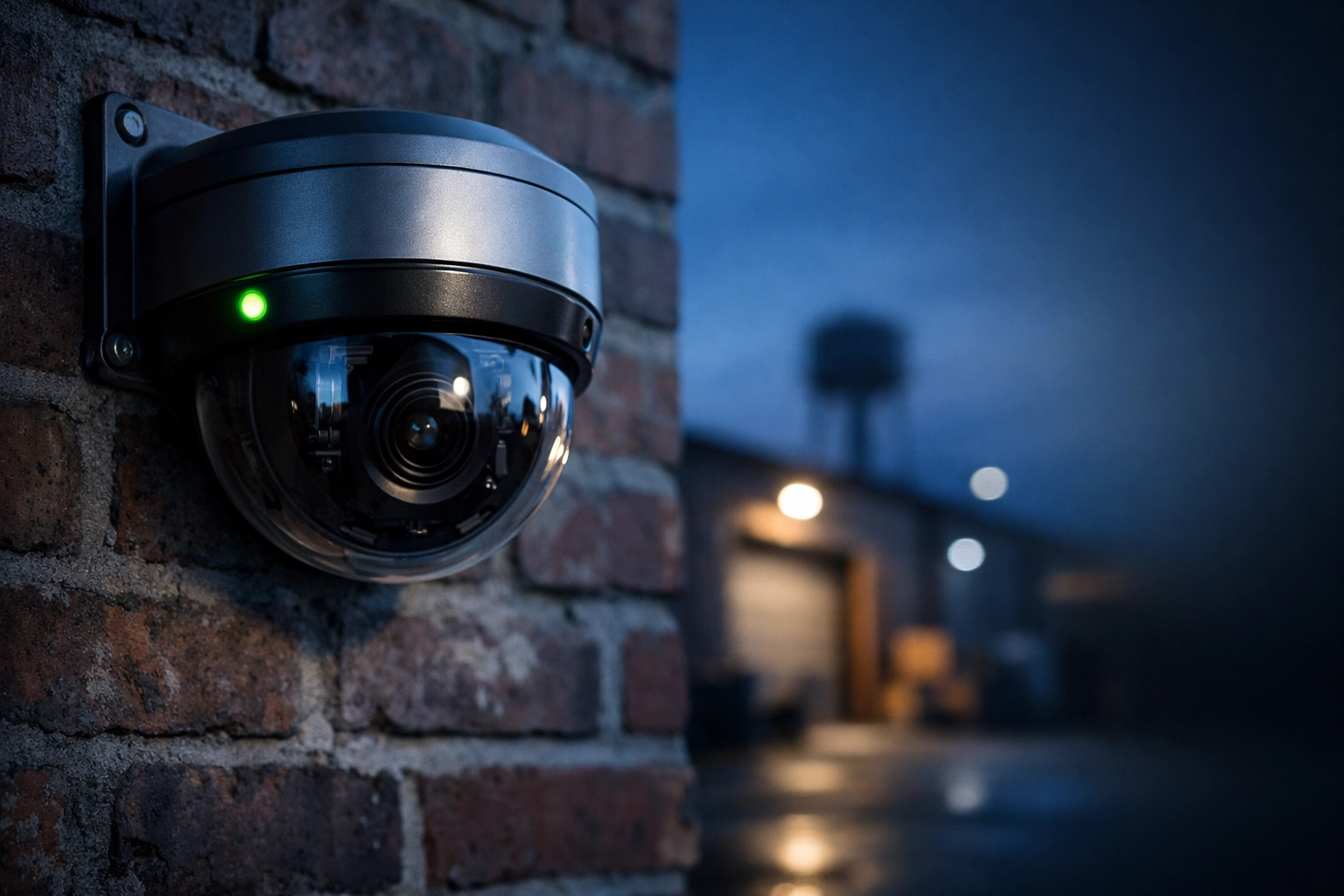 Professional security camera on a Lincoln Nebraska warehouse exterior.