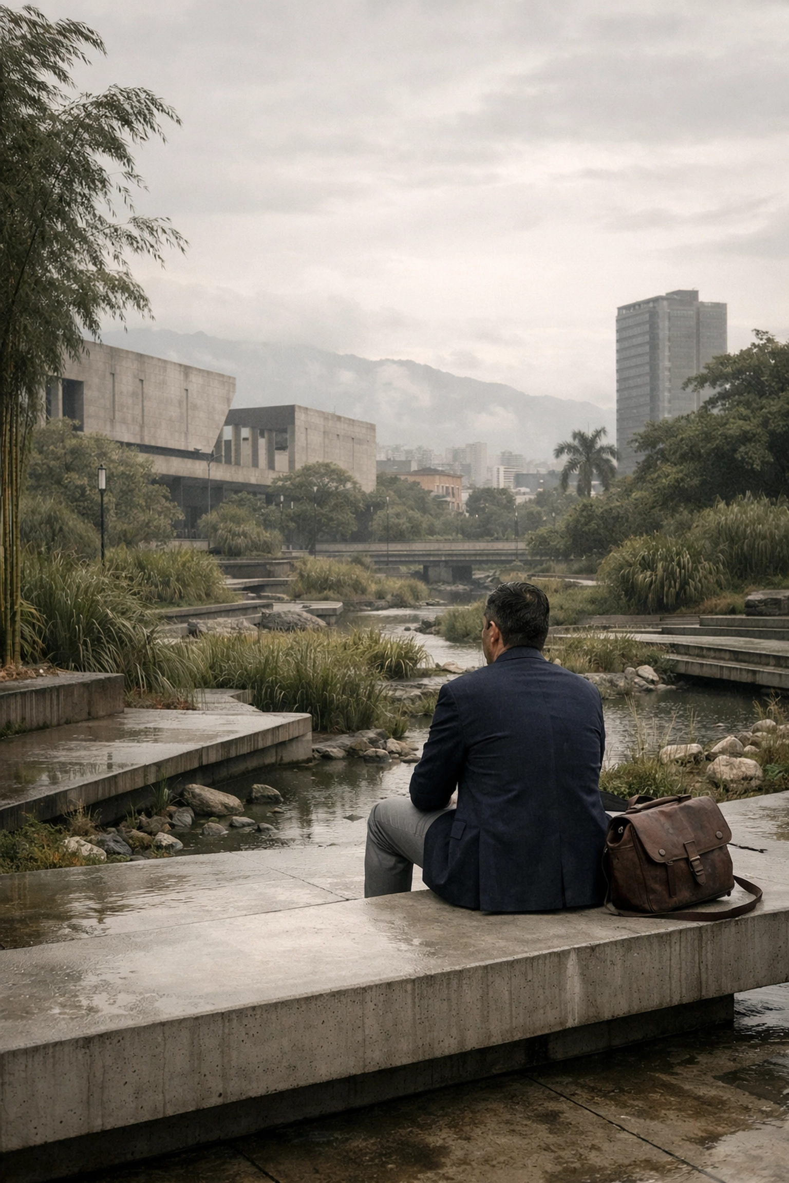 Climate-resilient urban park in Medellín showcasing sustainable infrastructure for global talent.