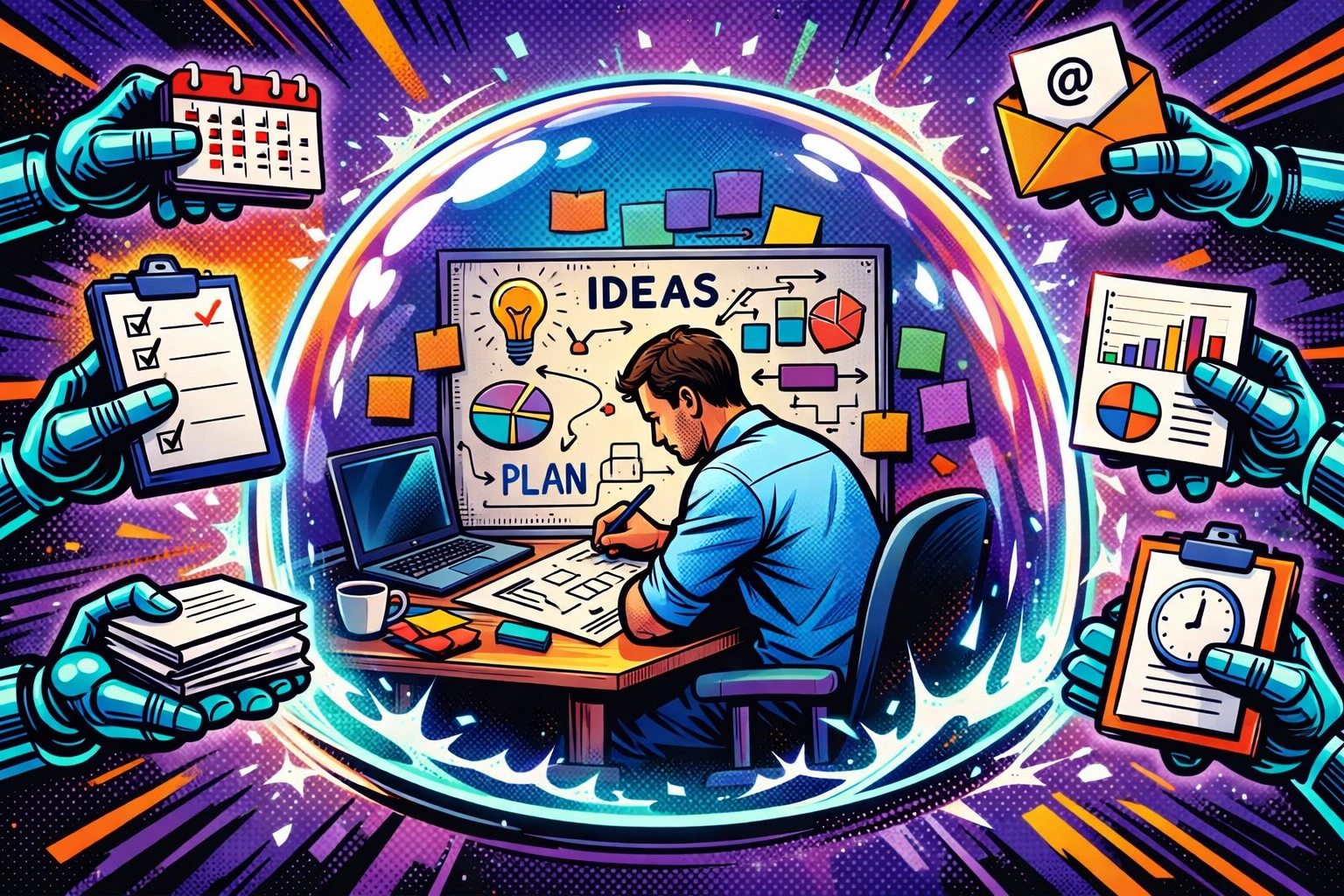 Professional focused on deep work while AI automates admin tasks and scheduling