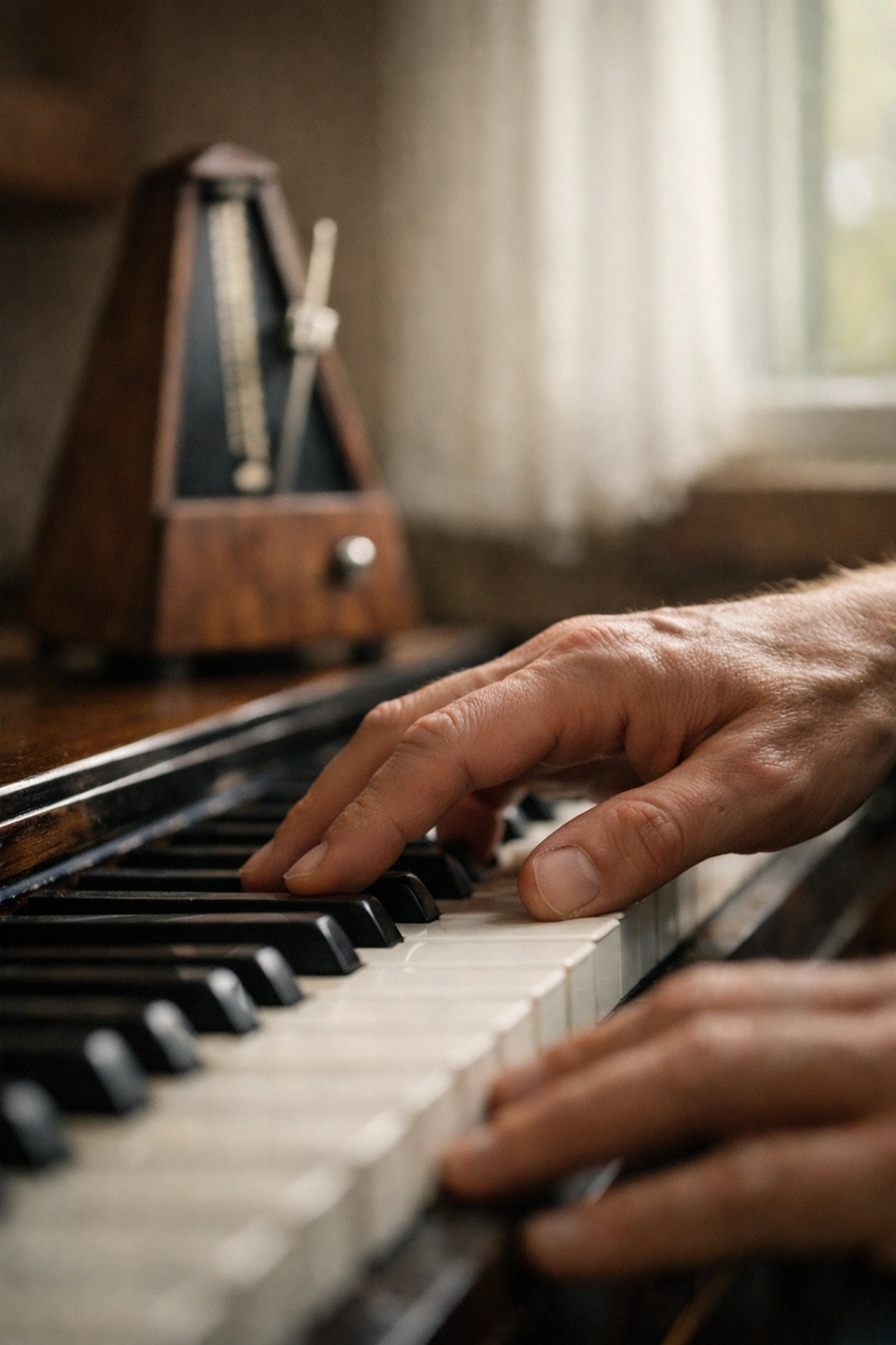 Close-up of pianist's hands during slow practice at a piano lessons Tallahassee session.