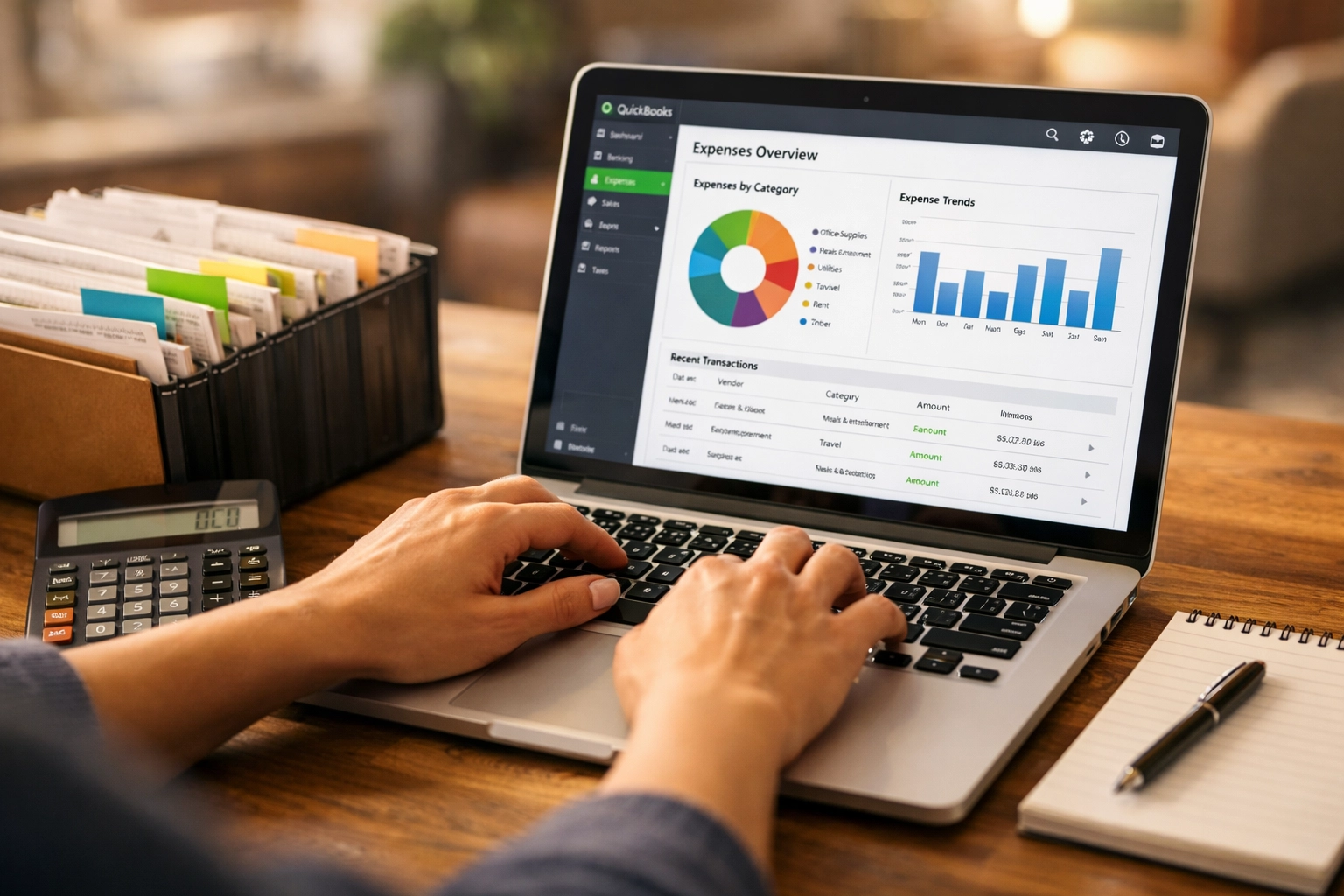 Business owner categorizing expenses in QuickBooks accounting software