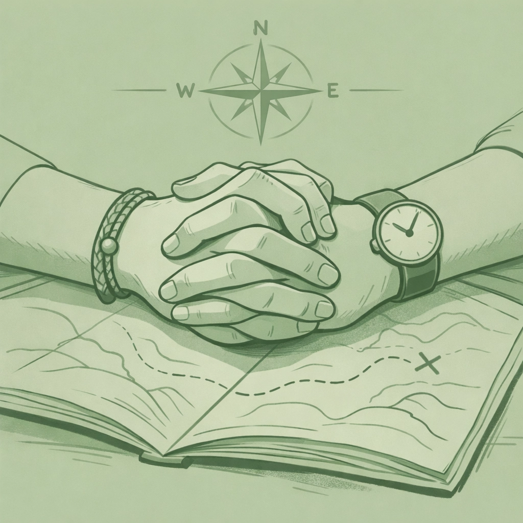 Two men's hands united over map symbolizing shared journey in cross-cultural gay romance