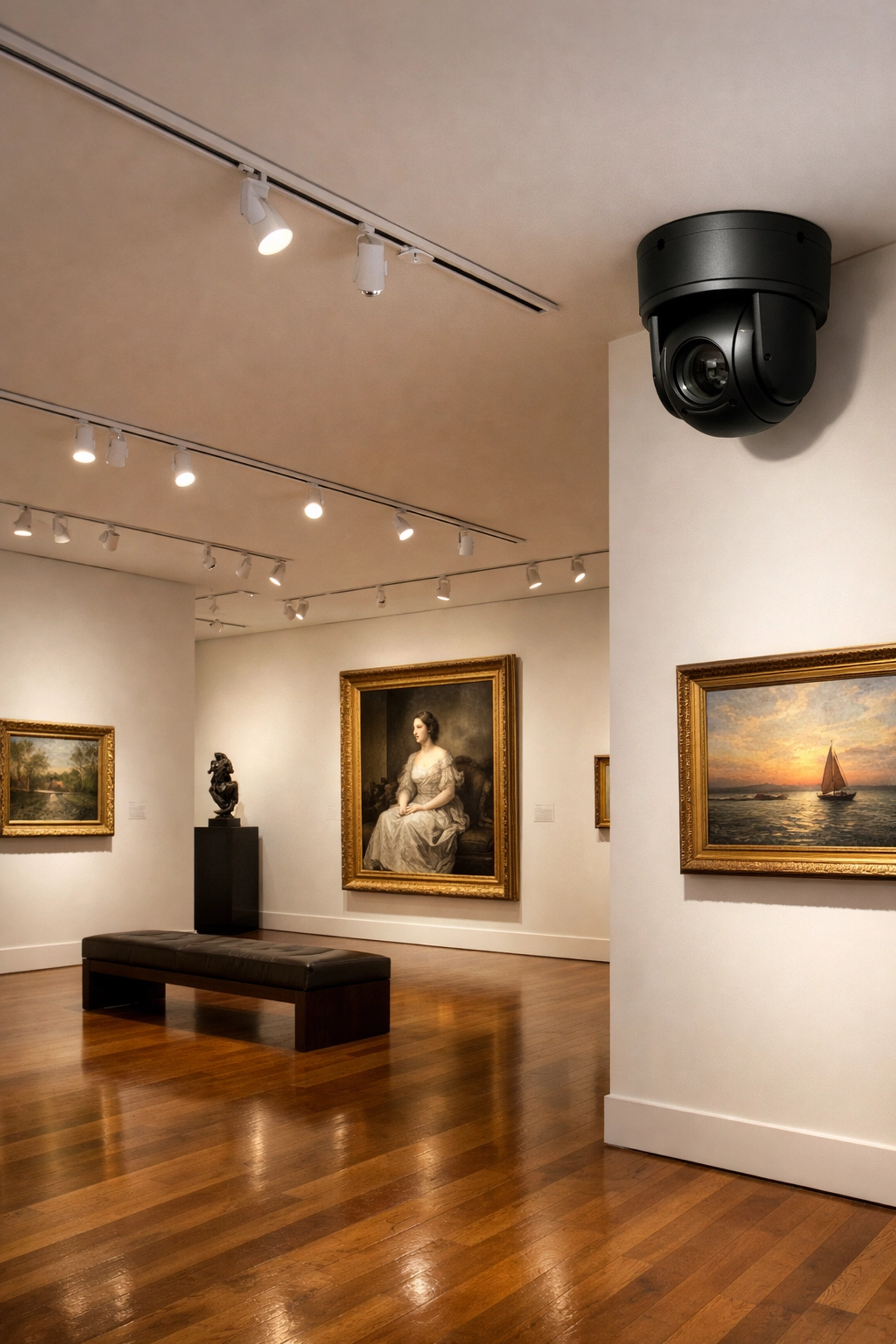 Discreet commercial CCTV camera protecting an art gallery interior in Petworth.