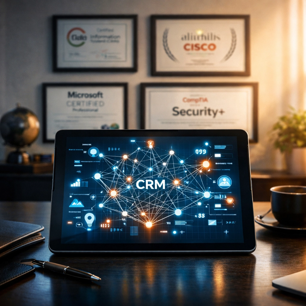 A Zoho CRM consultant's workspace showing a tablet with data nodes and framed expert certifications.
