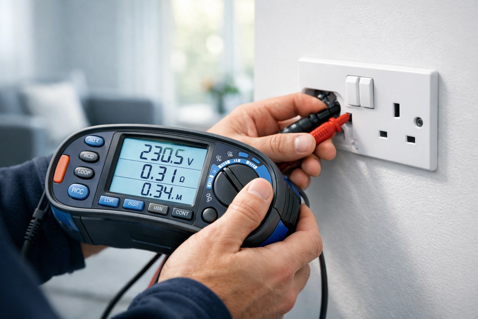 Professional electrician in Dorset using a digital tester for an EICR electrical safety inspection.