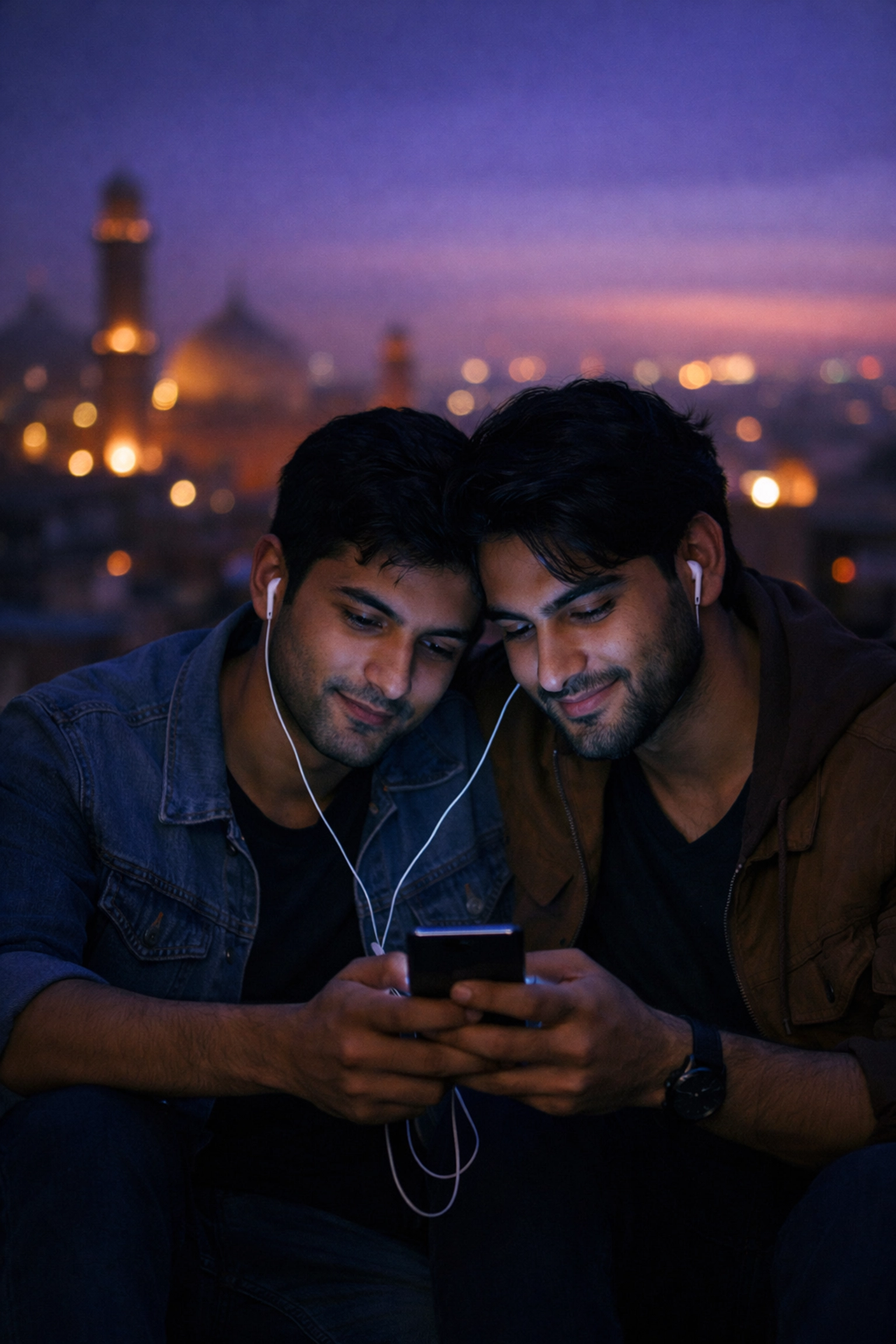 Modern South Asian gay couple on a city rooftop at twilight, symbolizing contemporary queer connection in Pakistan.