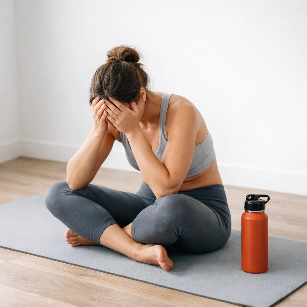 Stressed woman in athletic wear showing exercise fatigue affecting fat loss