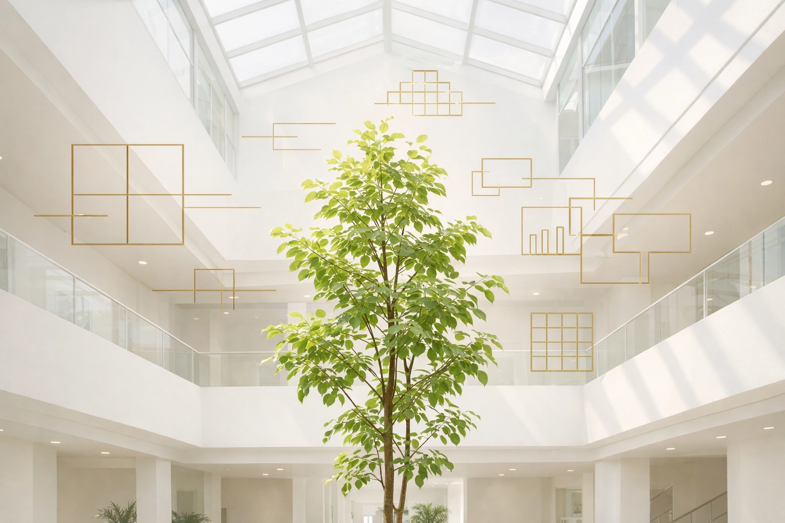 A growing tree in a modern white atrium, representing a structured content ecosystem and organic brand growth for SEO.