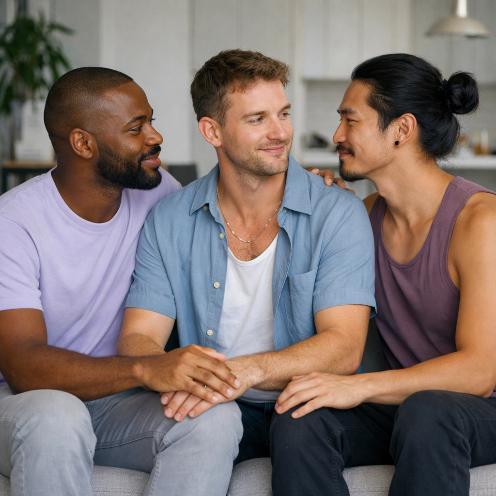 A polyamorous gay triad connecting in a modern home, illustrating diverse queer relationship dynamics.