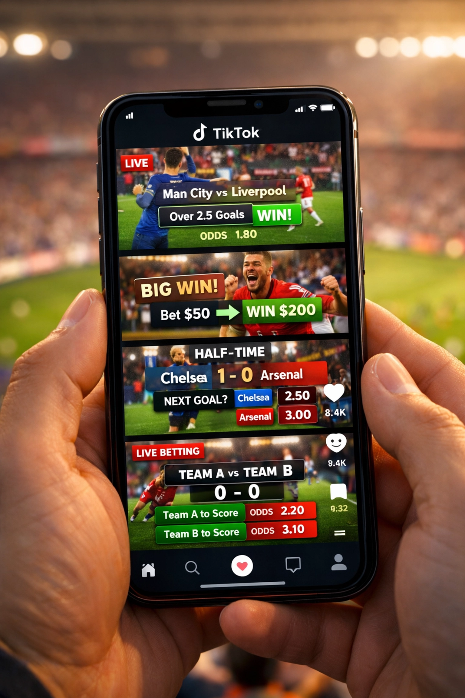 Smartphone displaying sports betting tips on TikTok with stadium crowd background
