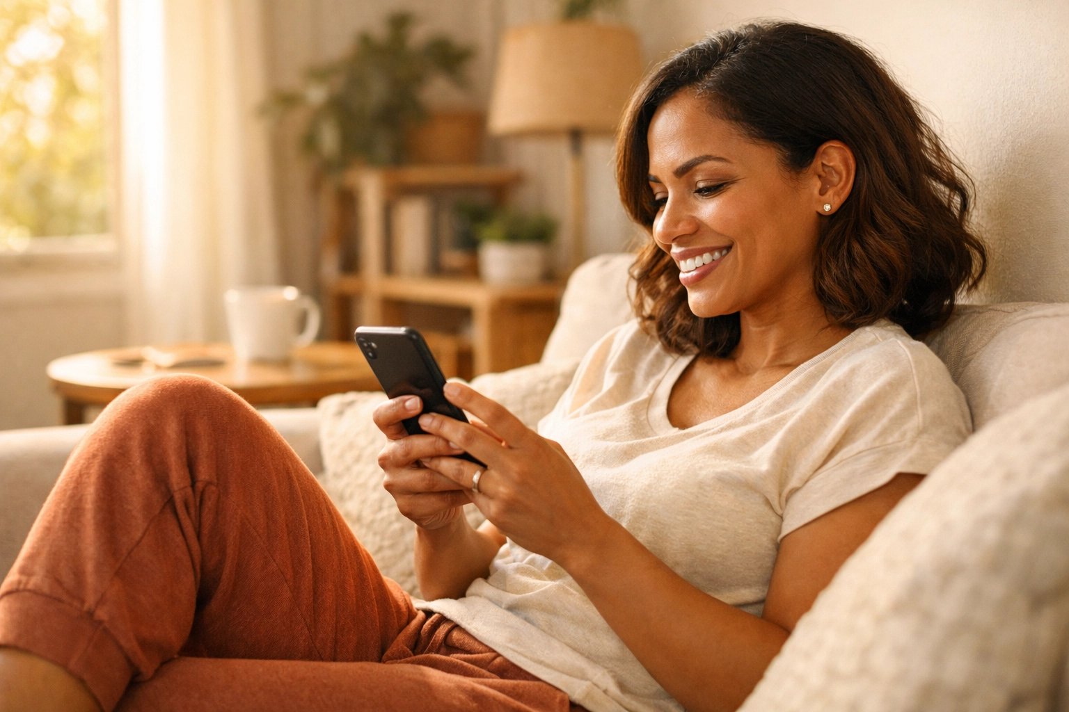 Woman using smartphone for convenient online weight loss consultation from home