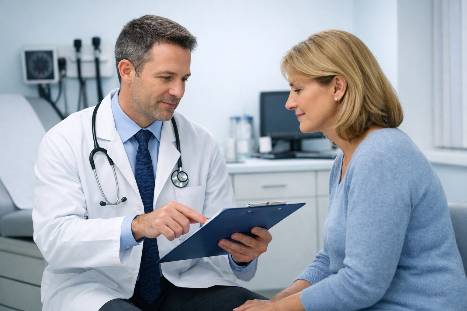 Doctor examining car accident patient and reviewing medical records for injury claim