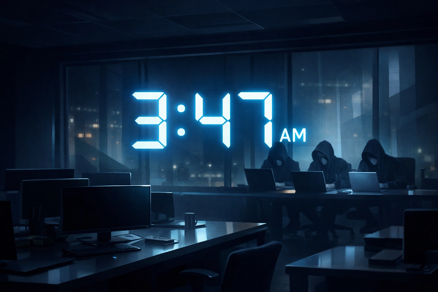 After-hours cyberattack visualization showing hackers targeting unmonitored business networks at night